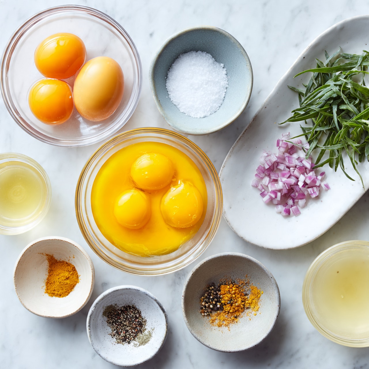 The image shows a white marble surface with several clear glass bowls arranged neatly. One bowl holds three raw egg yolks that are bright orange-yellow, and next to it is a larger bowl with beaten eggs, glowing yellow and smooth in texture. Another small bowl contains salt with a fine white grain texture, and a different small bowl has mixed black pepper and spices with a coarse texture. There is a tiny bowl with a pale yellow liquid, likely lemon juice or another clear dressing. A larger bowl has small chopped shallots that are light purple and finely diced. A white plate holds fresh tarragon leaves with a deep green color and elongated shape. Two small glass cups hold light yellow and clear liquids. The setup is clean and brightly lit, arranged orderly on the white marble surface photo taken with an iphone --ar 4:5 --v 7