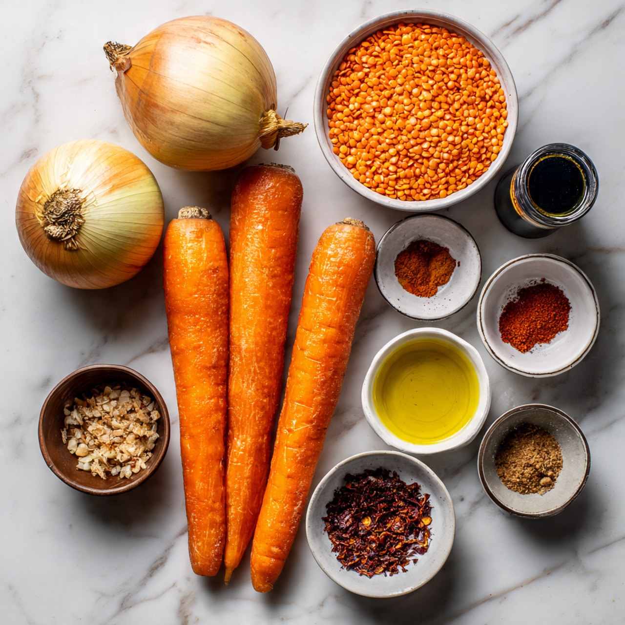 The image shows a white marbled surface with fresh ingredients arranged neatly. At the center, there are three long, bright orange carrots with smooth skin lying flat. To the left, there is a large yellow onion with a dry outer layer. Around the carrots and onion are small white bowls filled with colorful spices: a bowl of red lentils showing their small, round orange grains, a bowl of yellow oil with a shiny surface, and other tiny bowls holding brown, red, and reddish-brown powders and flakes. There is also a dark can and a small glass container with a clear liquid. A woman’s hand is gently touching one of the carrots. Photo taken with an iphone --ar 4:5 --v 7