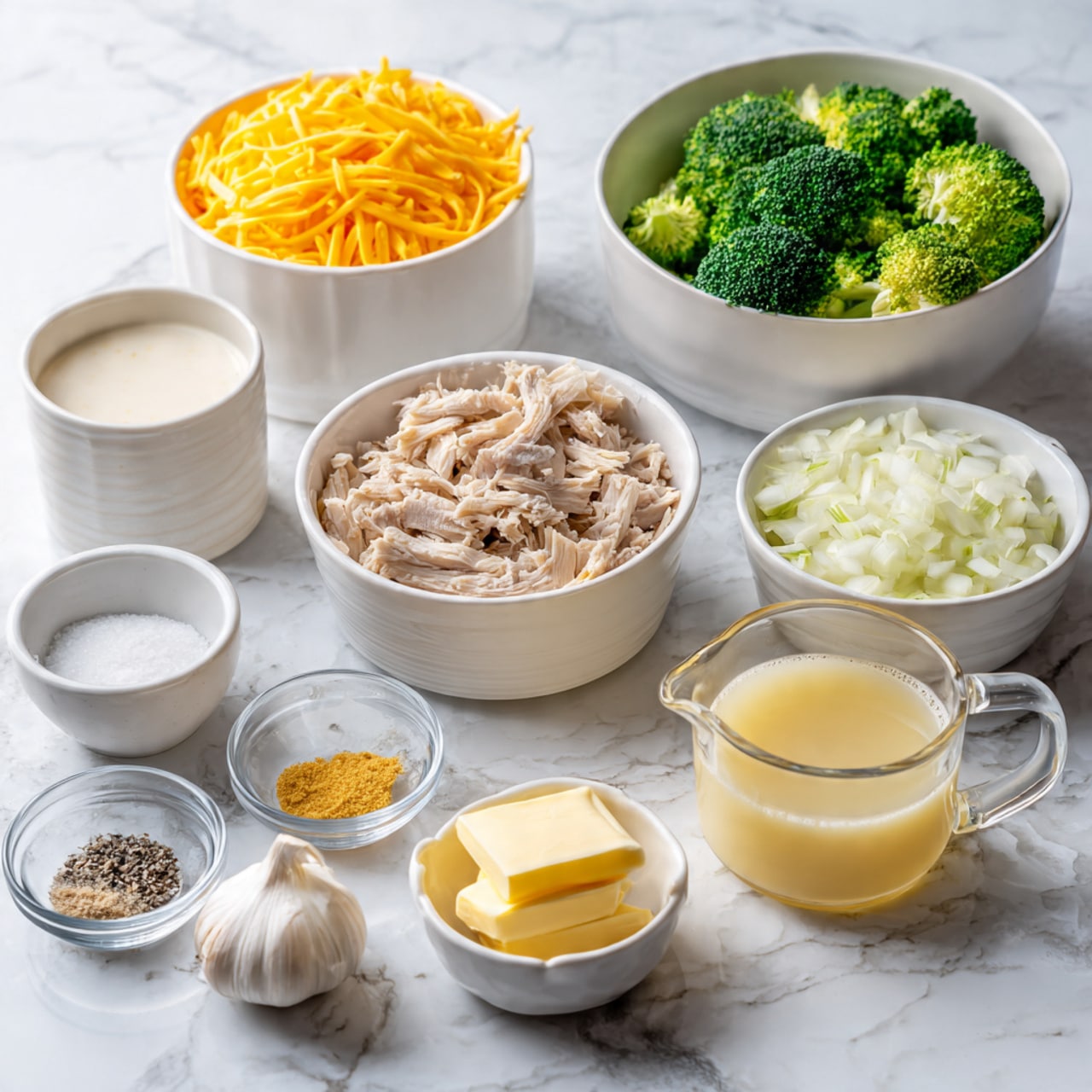 The image shows a white marbled surface with several small white bowls and clear measuring cups arranged neatly, each containing different cooking ingredients. There is a bowl filled with shredded orange cheese, a bowl with shredded light beige chicken, a bowl with chopped white onions, and another bowl with frozen green broccoli florets. The clear measuring cups hold a pale yellow liquid, a frothy white liquid, and a creamy off-white liquid. Smaller bowls contain salt, pepper, two peeled garlic cloves, and a small amount of yellow powder. There's also a small bowl with two sticks of butter. The arrangement is clean and well organized, with all the ingredients clearly visible. Photo taken with an iphone --ar 4:5 --v 7