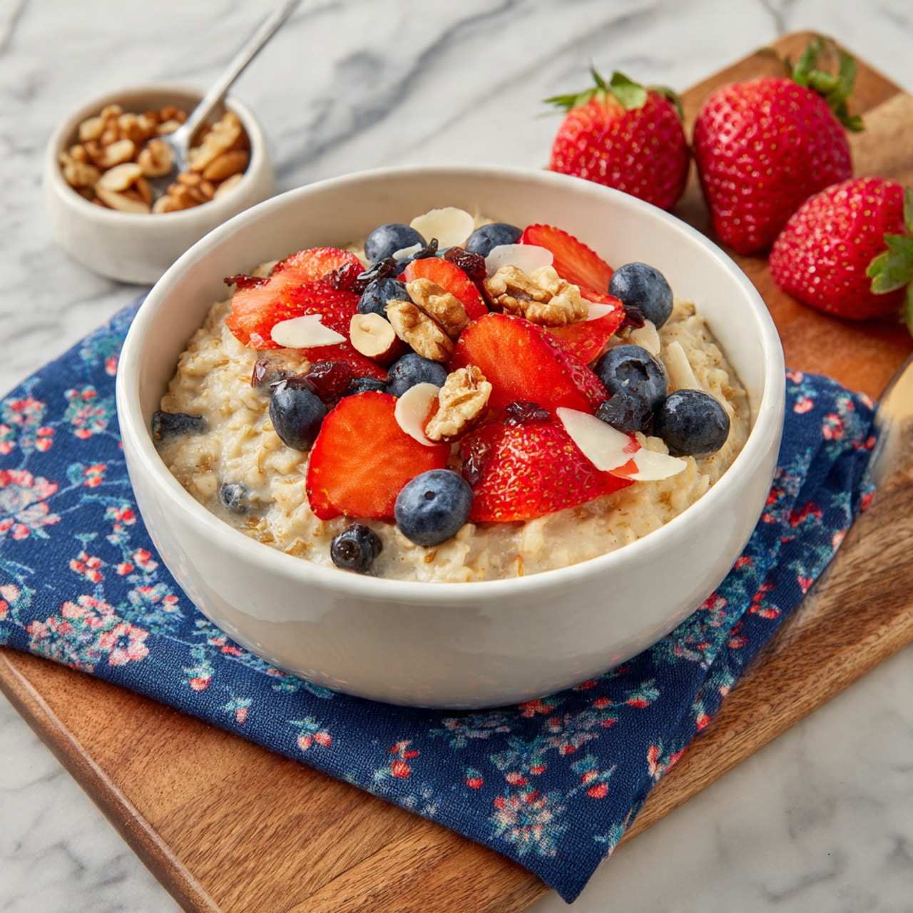 A white bowl filled with light beige oatmeal topped with layers of colorful toppings: bright red strawberry halves and whole strawberries, small dark blueberries, thinly sliced light brown almonds, small beige walnuts, and tiny dark seeds. The bowl is placed on a blue cloth with a floral pattern, resting on a light brown wooden board. Three whole strawberries and a small white bowl with some nuts or seeds sit on the board next to the main bowl. The surface underneath is white marble. Photo taken with an iphone --ar 4:5 --v 7