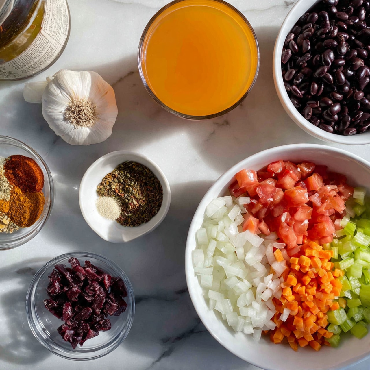 The image shows several white bowls and a clear glass with different ingredients on a white marbled surface. In the top right, there is a white bowl filled with black beans. Below it, a larger white bowl is divided into sections with finely chopped red tomatoes, white onions, small diced orange carrots, and chopped green celery. To the left, a small white bowl holds mixed spices in different colors including brown and orange. Another small clear bowl contains small dark red chunks, possibly dried or cooked beet pieces. A clear glass filled with orange-colored liquid, likely juice or broth, is placed on the bottom left. A whole garlic bulb sits near the top edge. The scene is brightly lit and neatly arranged, photo taken with an iphone --ar 4:5 --v 7