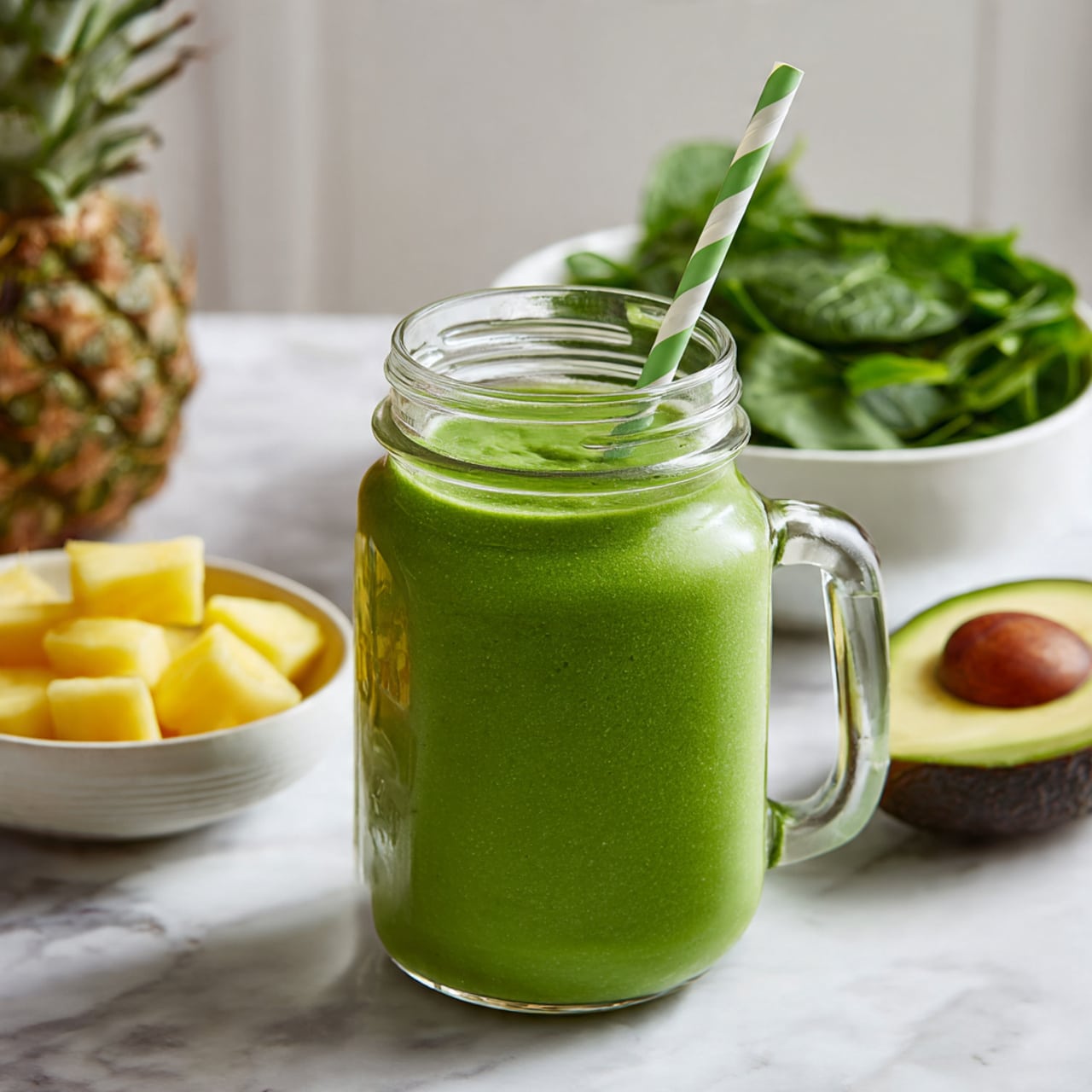 The image shows a thick green smoothie served in a clear glass jar with a handle, filled to the top with the smoothie’s vibrant green color and a striped green and white paper straw sticking out. On the white marbled surface around the jar, there is a white bowl filled with fresh dark green spinach leaves on the right side and a white bowl with light yellow pineapple pieces on the left side. Behind the pineapple bowl, a halved avocado is visible, showing its green flesh and dark seed inside. The scene is bright and clean, with soft natural lighting and a white marbled textured background. photo taken with an iphone --ar 4:5 --v 7