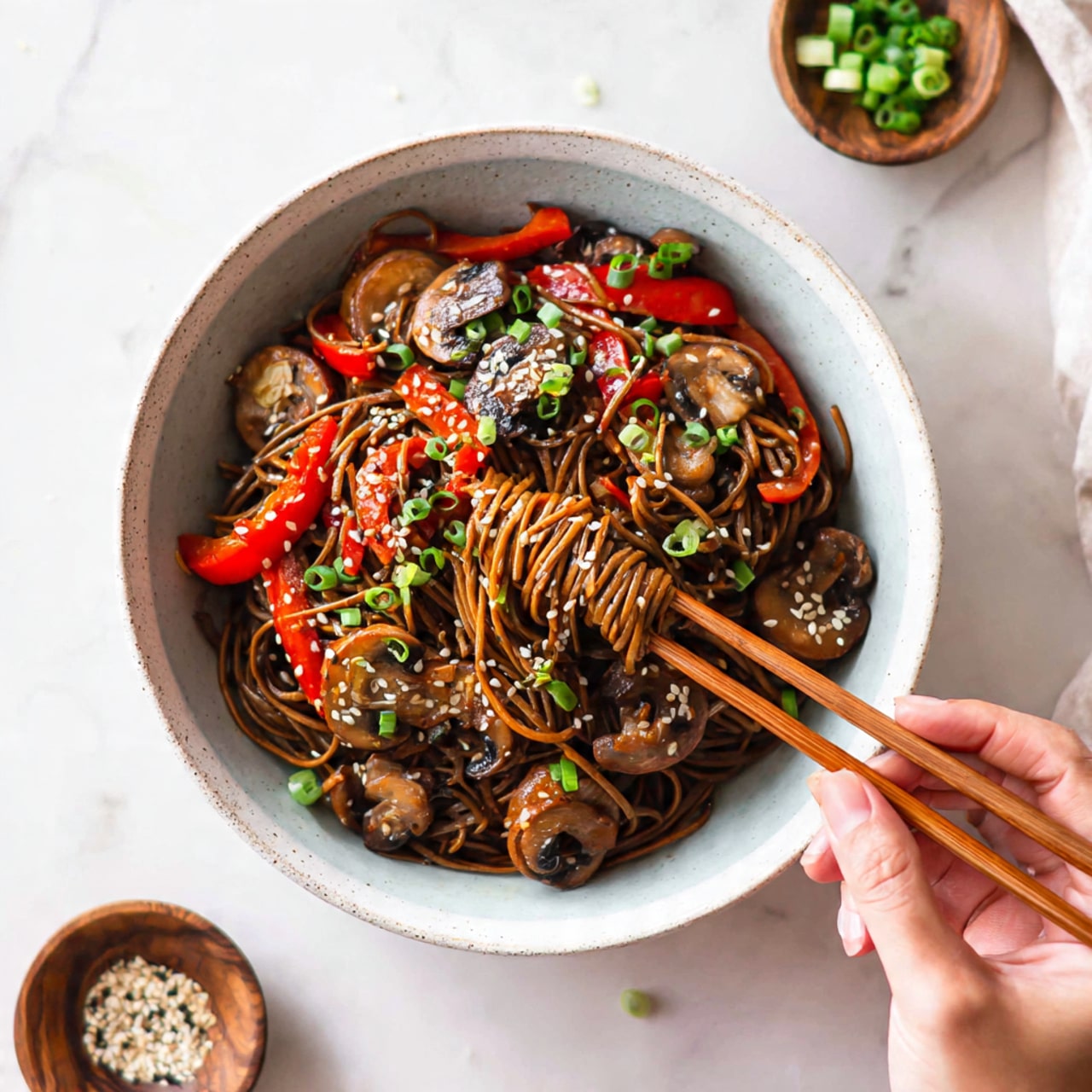 A close-up of a bowl filled with dark brown noodles mixed with red bell pepper strips, sliced mushrooms, and sprinkled green onion pieces, all coated in a glossy sauce with white sesame seeds sprinkled on top. A woman's hand is holding wooden chopsticks lifting a twisted cluster of the noodles and vegetables from the bowl. The bowl is white with a light blue interior and a speckled texture on the outside, sitting on a white marbled surface with small wooden dishes nearby holding green onion slices and sesame seeds. Photo taken with an iphone --ar 4:5 --v 7