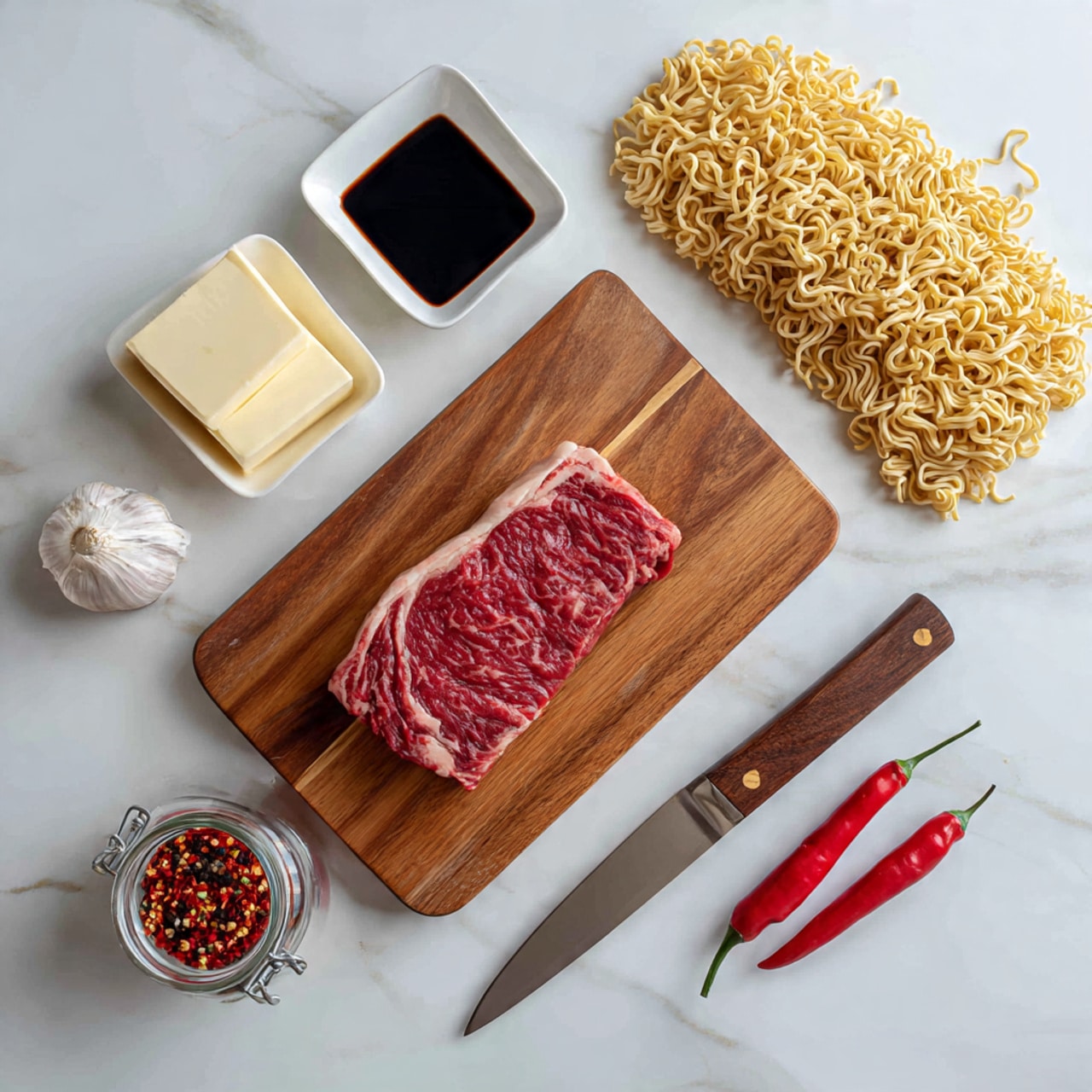 The image shows a wooden cutting board with a raw ribeye steak placed in the center. Above the board are two small white dishes, one filled with dark soy sauce and the other with two white square blocks of butter. To the right of the dishes, there is a pile of uncooked instant ramen noodles. On the left side of the cutting board, there are three garlic cloves, two red chili peppers, and a small glass jar with red chili flakes next to a kitchen knife with a wooden handle, all set on a white marbled surface. photo taken with an iphone --ar 4:5 --v 7
