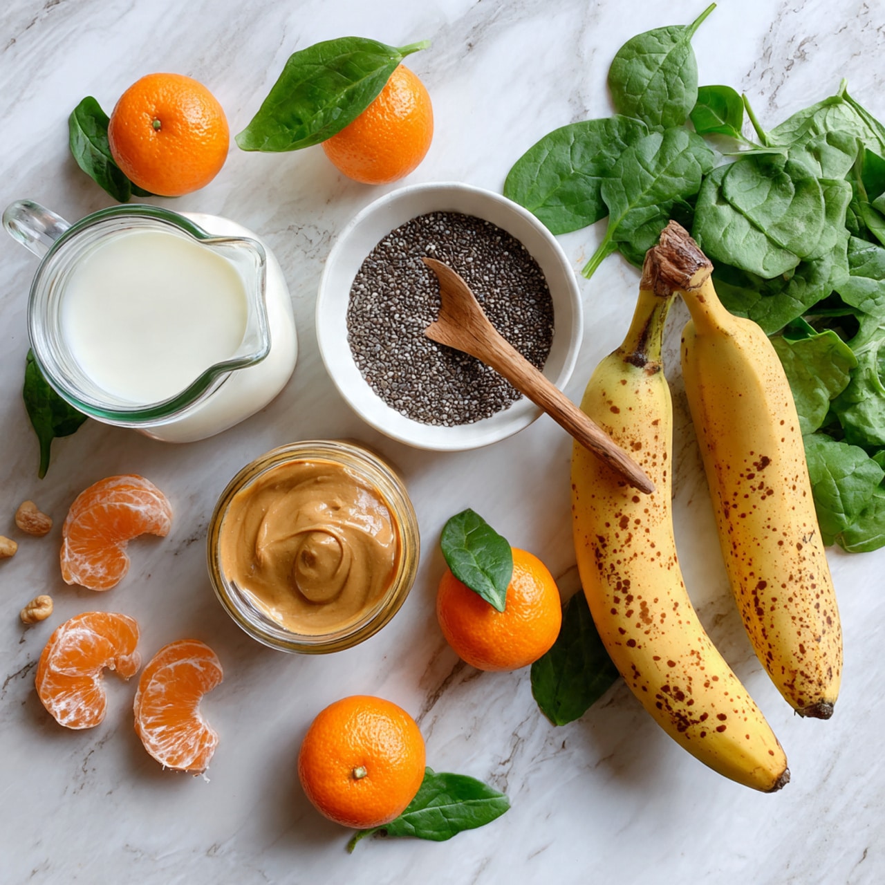 The image shows fresh fruits and ingredients arranged on a white marbled surface. There are two ripe bananas with brown spots on the right side. Next to them is a white bowl filled with small black chia seeds and a wooden spoon resting inside. Above and to the right, there are dark green spinach leaves scattered around. Several small, bright orange mandarins with green leaves attached are spread across the surface, some peeled to show individual orange segments arranged neatly in front. At the top left, there is a clear glass jug filled with white milk. Below it, a glass jar contains light brown nut butter with a wooden-spoon spreader lying across the jar's top, coated in nut butter. Everything looks fresh and natural with vibrant colors that contrast well against the white marble background. photo taken with an iphone --ar 4:5 --v 7