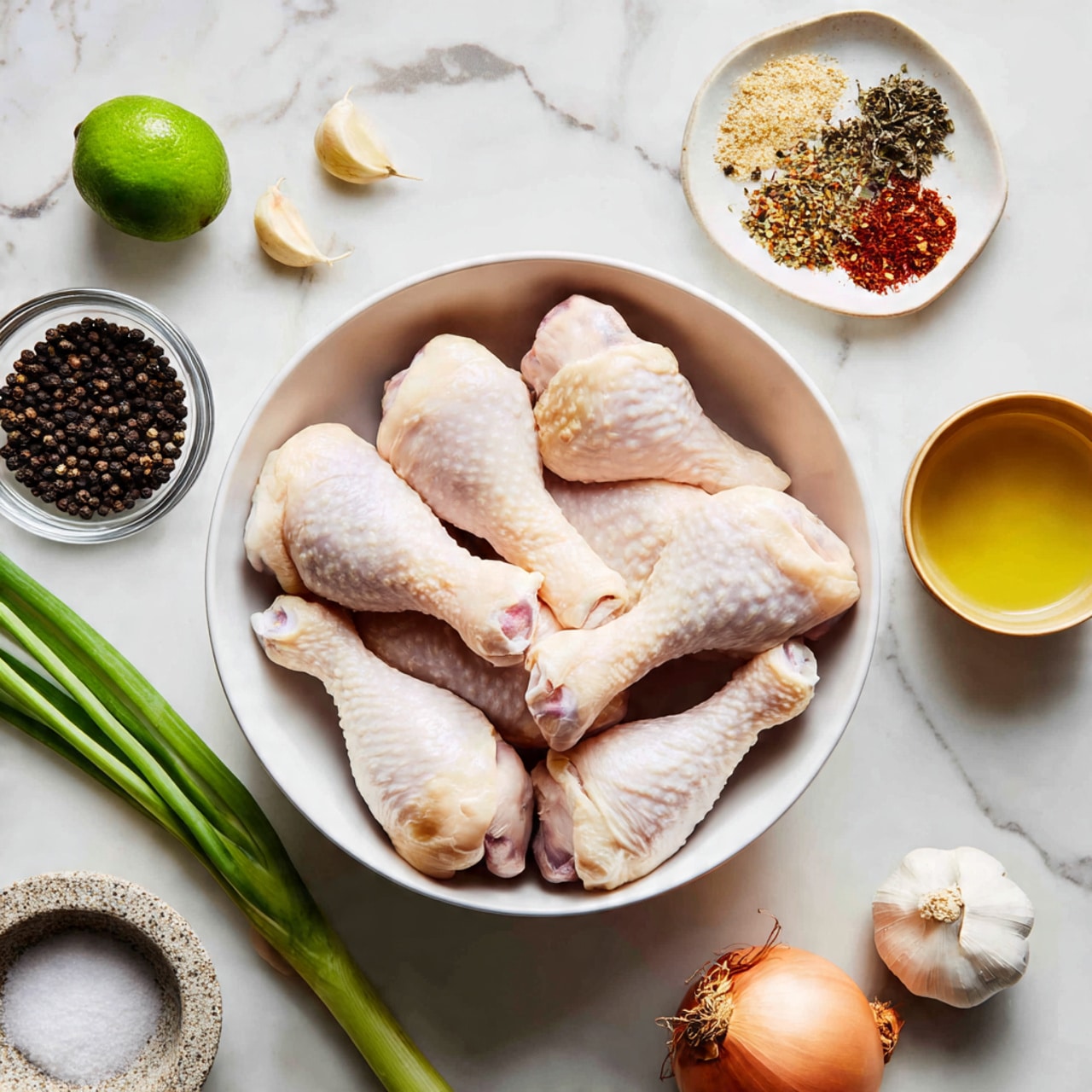A white bowl filled with nine raw chicken drumsticks sits centered on a white marbled surface. Around the bowl, there are various ingredients: a halved lime above the bowl to the left, peeled garlic cloves and a garlic bulb to the upper left, a small glass bowl of black peppercorns directly above the drumsticks, and a small white plate with a mix of red and brown spices near the top center. Salt sits in a small bronze bowl to the upper right, and next to it is a white cup with a golden-yellow liquid. Below the cup, a small stone bowl holds a white powder. Three long green onions stretch diagonally from the lower right toward the drumsticks, with a small bowl of fresh green herbs and half an onion partially visible at the bottom of the image. The photo taken with an iphone --ar 4:5 --v 7
