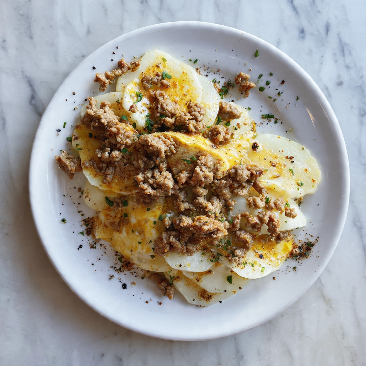 The dish shows one layer of cooked sliced potatoes that are white and soft, spread across the white plate. On top of this are scattered pieces of browned ground meat with a crumbly texture. There is a layer of melted yellow cheese over part of the meat and potatoes, with the cheese appearing smooth and slightly shiny. Small bits of chopped green herbs are sprinkled over the dish, adding specks of bright green color. The food looks warm and moist, with some black pepper flakes visible on top. The plate is placed on a white marbled surface. photo taken with an iphone --ar 4:5 --v 7