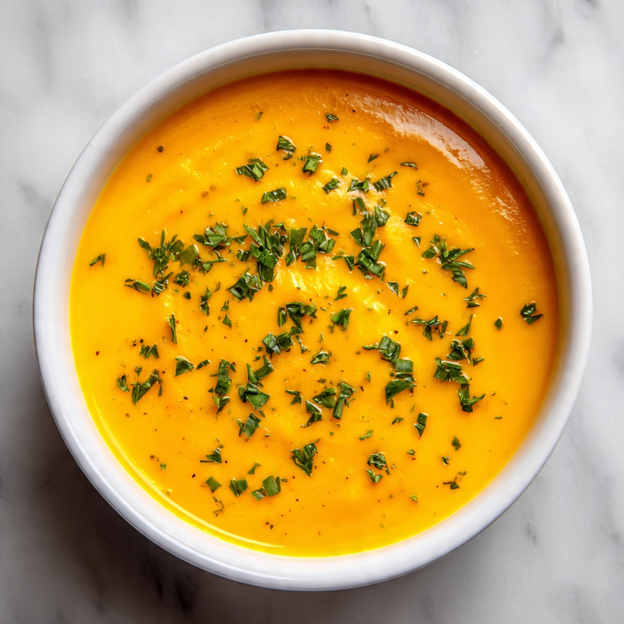 The image shows a white bowl filled with smooth, creamy orange soup. On top, there are small pieces of green herbs scattered evenly, adding a fresh contrast to the bright soup. The bowl is placed on a white marbled surface, which highlights the vibrant colors of the dish. The texture of the soup looks thick but smooth, and the light reflects softly on its surface. photo taken with an iphone --ar 4:5 --v 7