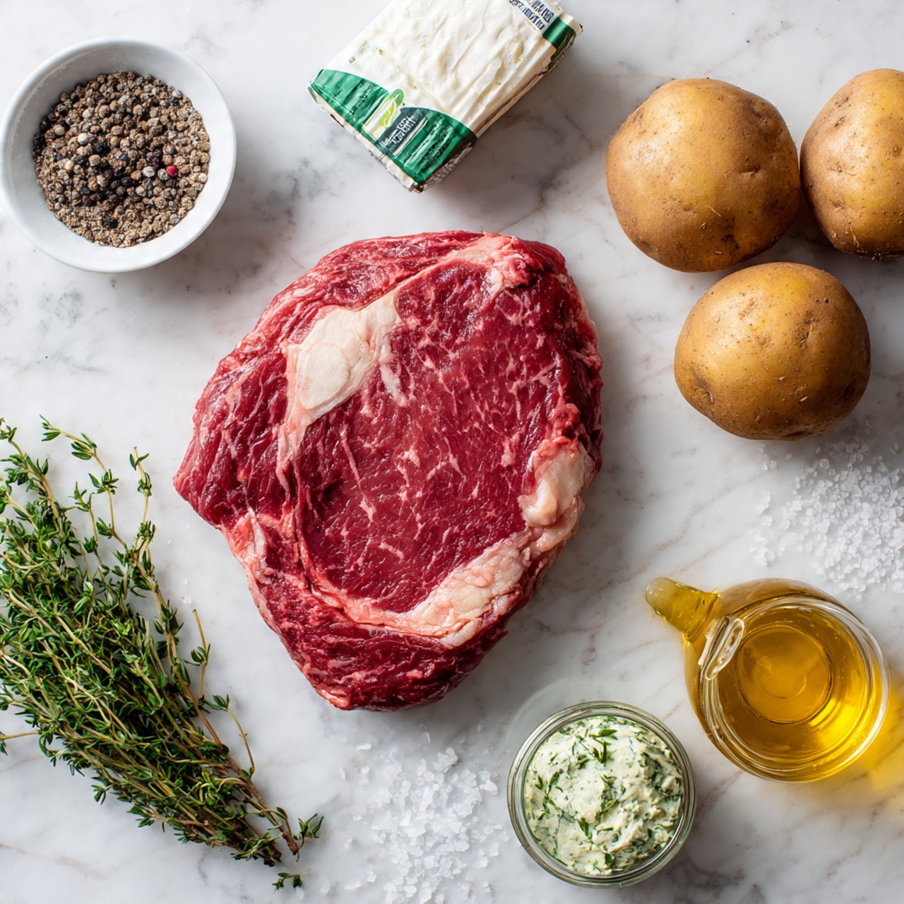 The image shows a raw ribeye steak with deep red color and white marbling placed on a white marbled surface. Around the steak are two brown potatoes, a small white bowl filled with black pepper, a container of sour cream with green and white packaging, a small fresh green thyme bunch, a small glass bottle of golden olive oil, a jar of green herb butter, and a small heap of coarse white salt on the surface. The ingredients are neatly arranged but not crowded, giving a fresh and natural look. Photo taken with an iphone --ar 4:5 --v 7