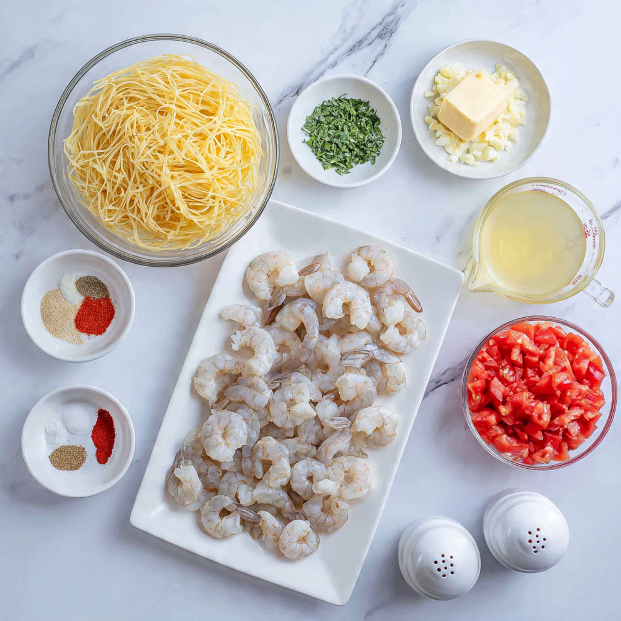 Shrimp Scampi with Angel Hair Pasta Recipe 4 This image shows ingredients for a shrimp pasta dish arranged on a white marbled surface. In the center is a rectangular white plate filled with raw shrimp, mostly pale gray with some light pink. To the top left is a large clear bowl filled with thin yellow cooked noodles. Above the shrimp are two small white bowls, one containing finely chopped green herbs and the other filled with minced garlic, both with a rough texture. To the right of the shrimp is a small clear bowl with a pale yellow solid piece, likely butter. Below it is a clear measuring cup holding a light yellow liquid, probably broth. To the bottom right is a small clear bowl packed with finely chopped red tomatoes. Below the noodles to the left are small white bowls with a reddish-brown powder and grated white cheese. Two small white salt and pepper shakers sit near the bottom center. A small measuring spoon with a reddish spice sits beside the shrimp. The photo is taken with an iphone --ar 4:5 --v 7