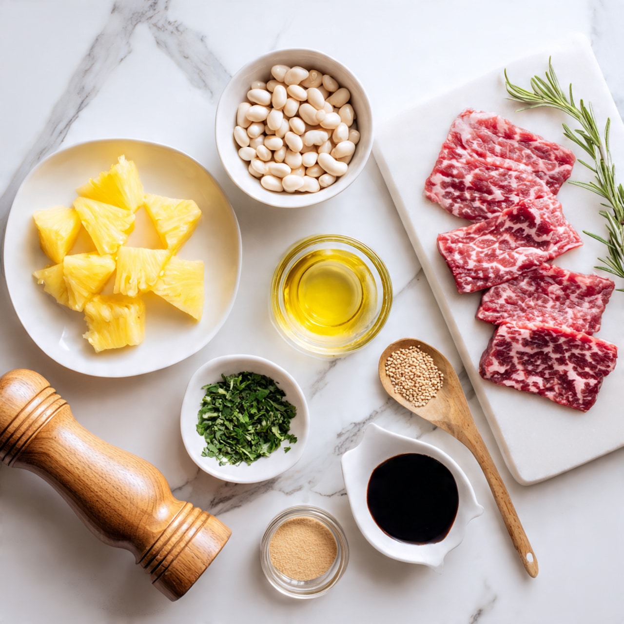 The image shows an overhead view of a white marble surface with several small bowls and plates of ingredients arranged neatly. On the left, a white plate holds yellow pineapple chunks, and a small white bowl above it contains white beans. To the right, thin slices of raw red meat rest on the marble surface. Below the meat, a small white bowl contains chopped green herbs. Next to that, there is a wooden pepper grinder. Above the grinder, a small glass bowl has a clear yellow liquid, likely oil. To the right of this, a small white bowl holds light brown powder, and next to it, a darker small white bowl contains black soy sauce. A wooden spoon lies near the bowls holding the powder and sauce. The colors are natural and fresh, with a clean and simple layout. Photo taken with an iphone --ar 4:5 --v 7