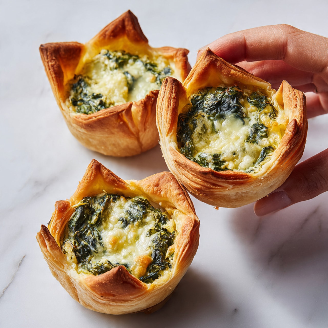 The image shows three small pastry cups with a golden-brown crust that looks flaky and crisp. Each cup is filled with a mixture of cooked spinach that appears deep green and creamy cheese that is lightly melted and pale yellow in color, sitting slightly above the crust edges. The pastry edges fold inward, creating a cup shape that holds the filling. The cups are placed close together on a smooth white marbled surface, with one cup held up by a woman's hand, showing its full shape and filling clearly. Photo taken with an iphone --ar 4:5 --v 7