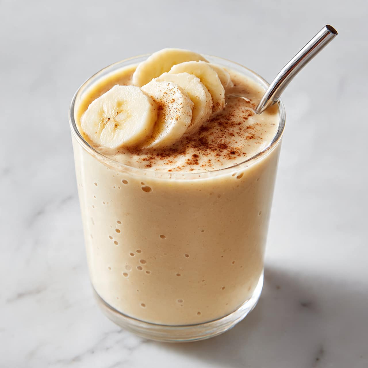 A clear glass filled with a thick, creamy light beige smoothie, topped with three slices of banana dusted with light brown powder, placed on a white marbled surface. A shiny silver metal straw is inserted on the right side of the glass. The smoothie has small bubbles and a smooth texture, with condensation droplets on the outside of the glass. Photo taken with an iphone --ar 4:5 --v 7