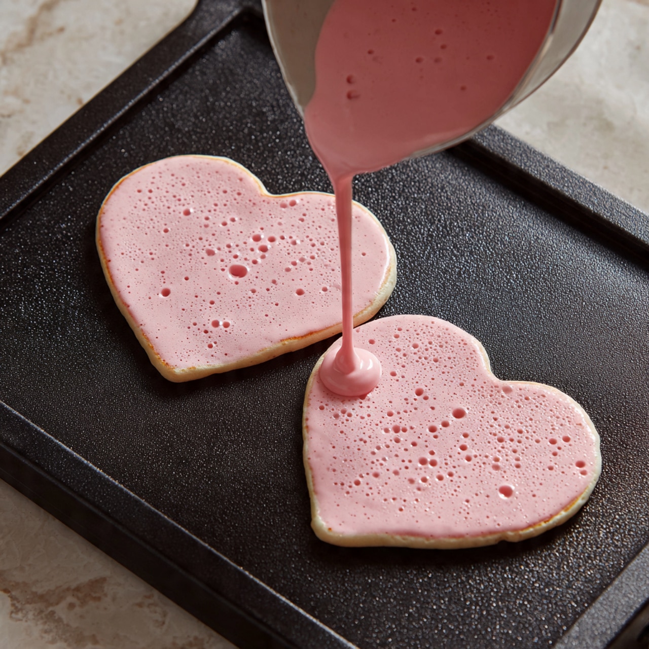 Two heart-shaped pink pancakes are cooking on a black griddle surface. They have tiny air bubbles on their tops, showing they are sizzling and light in texture. The pancakes have a smooth, slightly glossy finish with some specks of darker color scattered inside the pink batter. Above the two cooked hearts, more pink batter is being poured from a container shaped like a spout, dripping down toward another heart shape forming on the griddle. The griddle edges and part of a white marbled textured counter are faintly visible around the cooking area. photo taken with an iphone --ar 4:5 --v 7