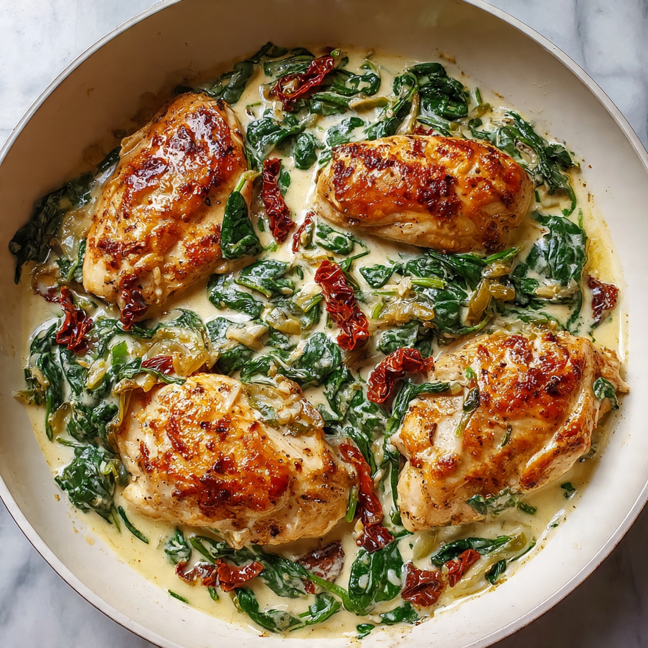 A white pan filled with four golden brown cooked chicken pieces arranged evenly. They are covered in a creamy sauce with visible green spinach leaves mixed throughout. Some darker sun-dried tomato pieces are scattered among the spinach. The sauce looks smooth and slightly thick, coating the chicken and greens evenly. The background surface is white marbled. Photo taken with an iphone --ar 4:5 --v 7