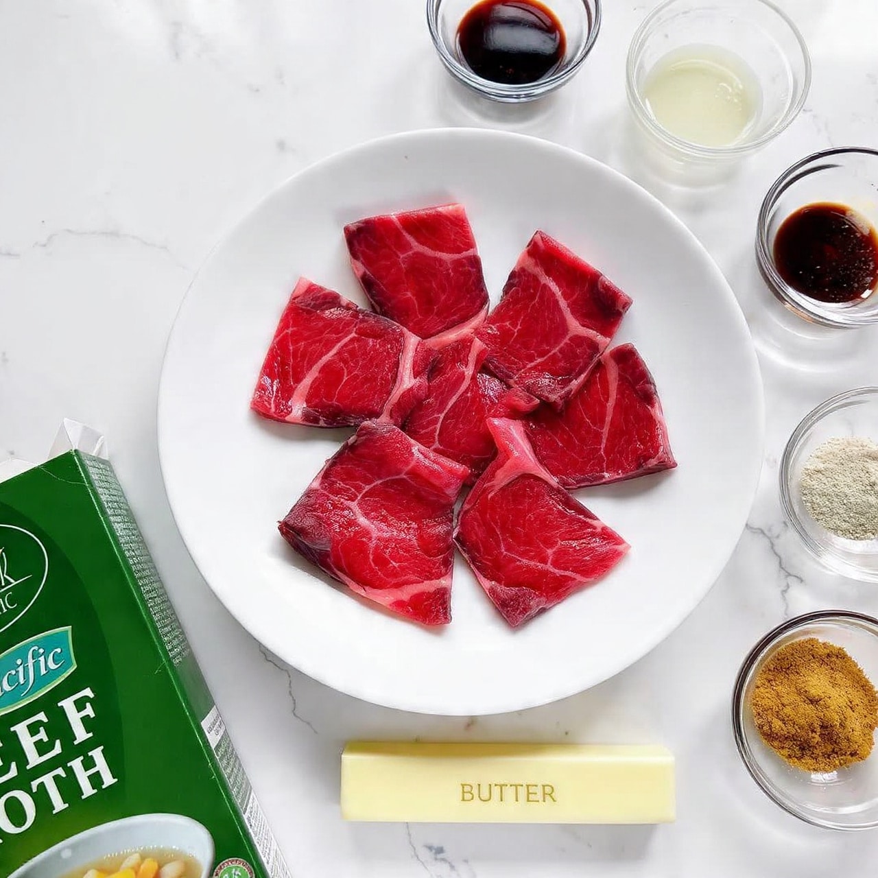 The image shows a white round plate with four raw red beef pieces placed in the center, each with a smooth and slightly shiny texture. Around the plate, there are small clear glass bowls containing different ingredients: one has a thick white liquid, another has a dark red sauce, one bowl has black pepper, and another has a golden-brown powder. A light yellow stick of butter with the word