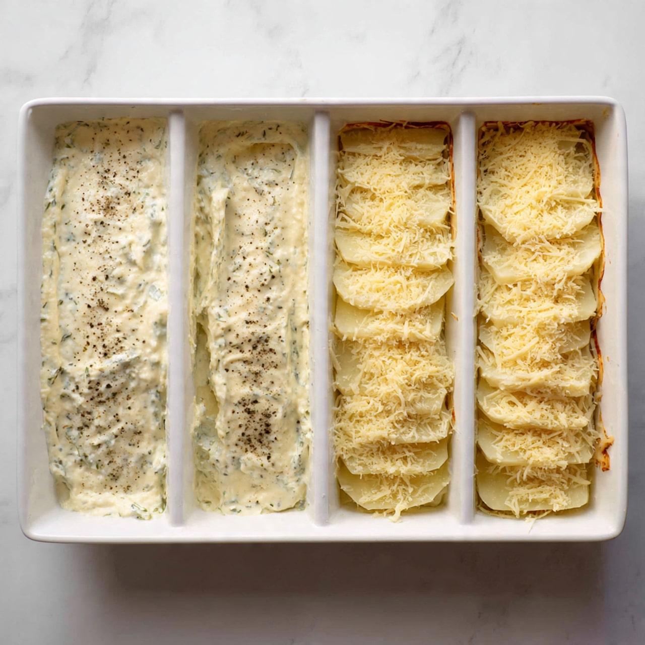 The image shows a sequence of four close-up shots of a rectangular white dish filled with a layered potato gratin. The first layer is thick cream mixed with black pepper and herbs, white with specks of green and black, spread evenly at the bottom. The second layer consists of thin, pale yellow potato slices arranged side by side vertically across the dish. The third layer repeats the cream and herb mixture, poured lightly over the potato slices, visible with a smooth and creamy texture. The final layer is a thick, golden-yellow coating of finely grated cheese spread over the top, covering all potato slices evenly. The dish rests on a white marbled surface. photo taken with an iphone --ar 4:5 --v 7
