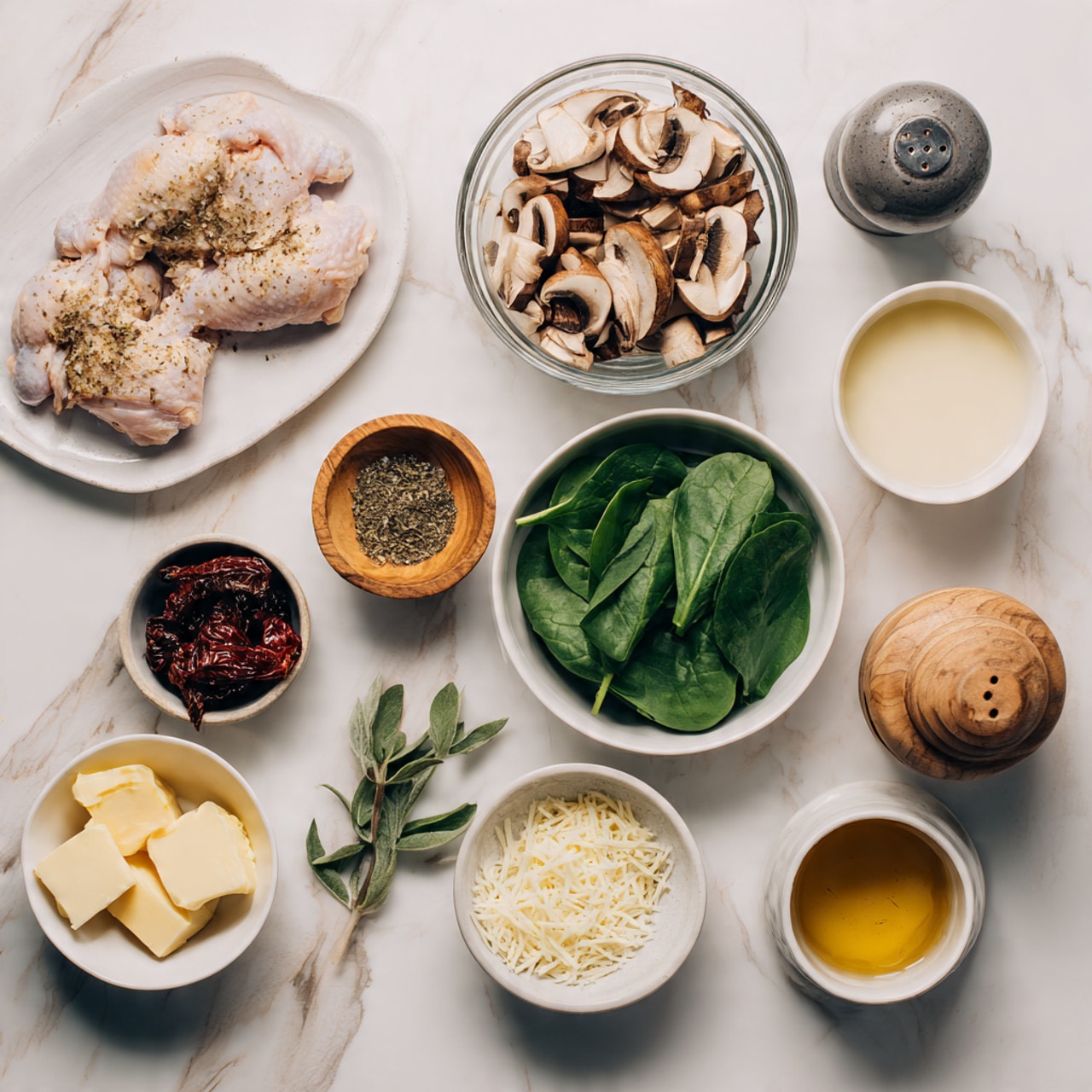 The image shows a white round plate in the top left with two raw chicken pieces next to a white marbled surface holding several small bowls and ingredients arranged neatly. There is a glass bowl with sliced brown mushrooms at the top center, a white bowl with fresh green spinach leaves to the right, and a white bowl with a pale cream liquid next to it. Near the center, a small wooden bowl holds salt, and a white bowl contains dark sun-dried tomatoes. A small white dish with two pieces of butter is below the onion and garlic cloves clustered nearby. A cup with a golden-brown liquid sits near the bottom right with fresh basil leaves, a pepper grinder, dried herbs in a small white dish, and a white bowl filled with grated cheese completing the spread on the white marbled surface. photo taken with an iphone --ar 4:5 --v 7