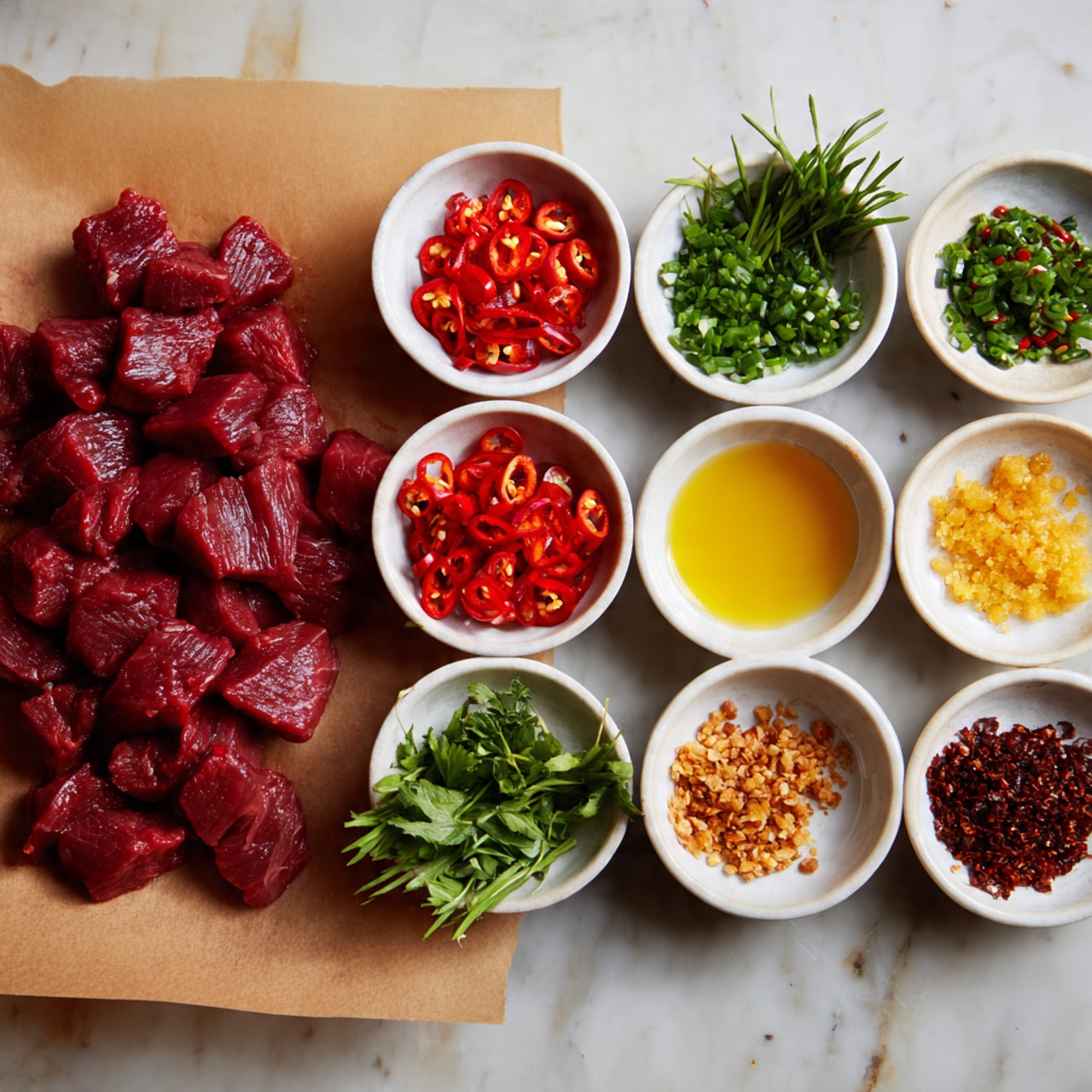 A large raw piece of red meat lies on brown parchment paper to the left side of the image. On the right side, there are twelve small white bowls arranged in a grid on a white marbled surface. The bowls contain various ingredients including chopped green herbs, finely sliced red chili, small brown bits, golden oil, light yellow crushed garlic, and several green herb sprigs. The overall color contrast between the deep red meat and the bright colors of the ingredients makes the setup look fresh and well-prepared, with a clean white marbled background. Photo taken with an iphone --ar 4:5 --v 7