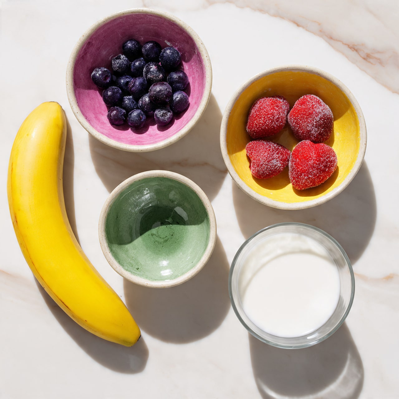 A bright yellow banana lies on a white marbled surface above four small white bowls with colorful interiors arranged in a loose square below it. The top left bowl has a pink inside and is filled with dark purple blueberries. The top right bowl has a yellow inside and holds three red frozen strawberries with frost on them. The bottom left bowl has a green inside and contains a thick green liquid. The bottom right container is a clear glass bowl filled with white milk. The lighting is soft, showing natural colors and textures clearly photo taken with an iphone --ar 4:5 --v 7