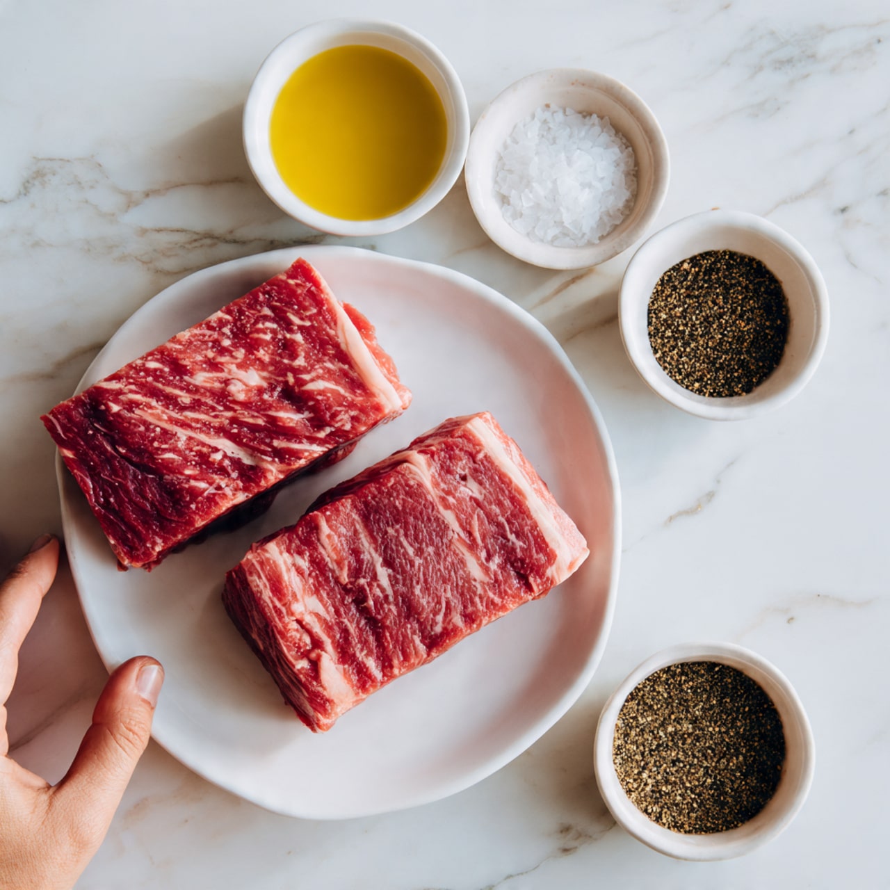 Two raw steaks with rich red color and white marbling lie flat on a white plate, showing thick thickness and juicy texture. Above them, three small white bowls hold different seasonings: light yellow olive oil on the left, off-white coarse salt in the middle, and dark brown ground pepper on the right. The background is a clean white marbled surface, and a woman's hand is reaching from the left side, adding a sense of action. photo taken with an iphone --ar 4:5 --v 7