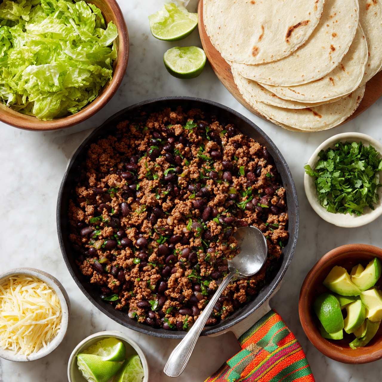 A black cast iron pan filled with cooked ground meat mixed with black beans and small pieces of green herbs, with a silver spoon resting inside and a squeezed lime half on the side of the pan. Surrounding the pan are six pale white corn tortillas stacked on the left, a wooden bowl with chopped light green lettuce topped with some cilantro in the bottom left, a small bowl with shredded white and yellow cheese directly below the pan, a white bowl with sliced green avocado pieces and a silver spoon at the top, a small bowl with fresh green cilantro on the right, and two lime wedges in a small white bowl near the top left. The items are all placed on a white marbled surface with a colorful green, orange, and yellow striped cloth napkin near the pan’s handle. photo taken with an iphone --ar 4:5 --v 7