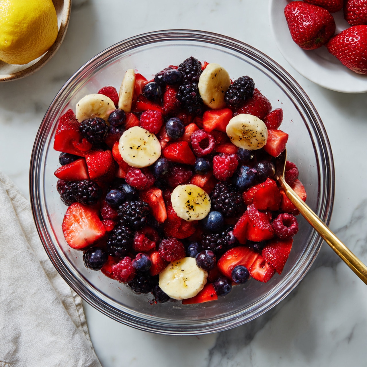 A clear glass bowl filled with a colorful mix of fresh berries. The bottom layer has bright red strawberries cut into small pieces, next are deep red raspberries, dark purple blackberries, and shiny blue blueberries scattered throughout. Some pieces of banana slices with black specks are placed on top, adding a soft yellow-white color. A gold spoon from the top right side dips slightly into the bowl. In the background, there are out of focus red strawberries, a lemon half, and a white cloth on a white marbled surface. photo taken with an iphone --ar 4:5 --v 7