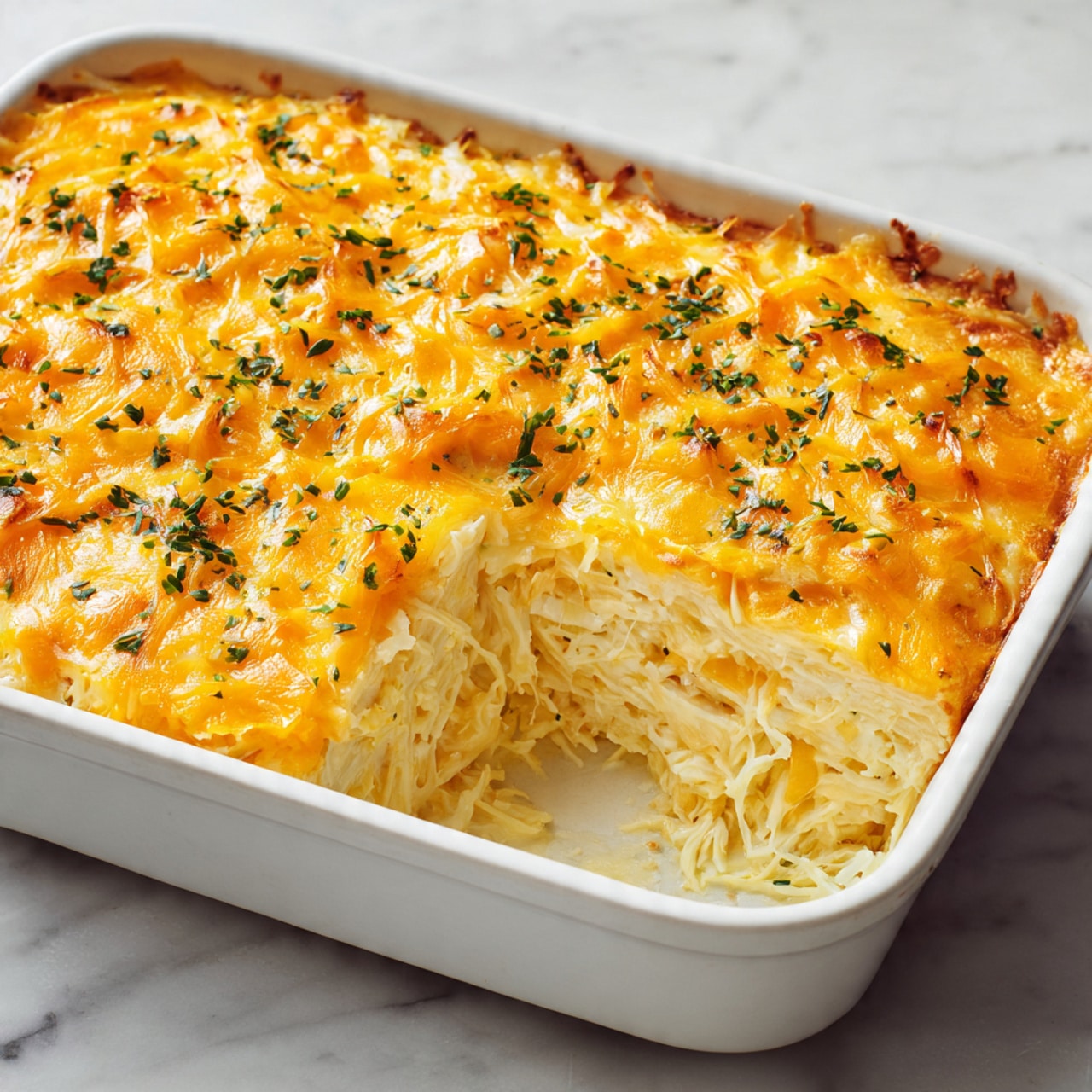 A white rectangular baking dish filled with a thick casserole that has three visible layers: the bottom layer appears soft and light beige, likely a creamy filling, the middle layer seems to have shredded pieces mixed into the filling, and the top layer is covered in melted bright orange cheese with small green herb bits scattered on top. A piece is missing from one side, showing creamy inner texture with strands of cheese stretching slightly. The dish is placed on a white marbled surface. photo taken with an iphone --ar 4:5 --v 7