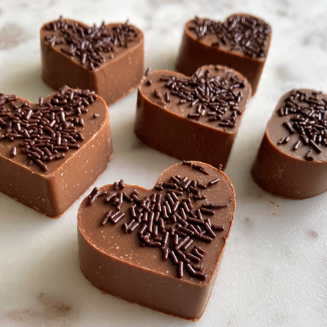 The image shows several heart-shaped chocolates on a white marbled surface. Each chocolate has a smooth, shiny dark brown top layer, partially decorated with small, cylindrical dark brown sprinkles mostly concentrated on one side of the heart. The chocolates are arranged in a scattered pattern, with the shiny texture reflecting some light. photo taken with an iphone --ar 4:5 --v 7