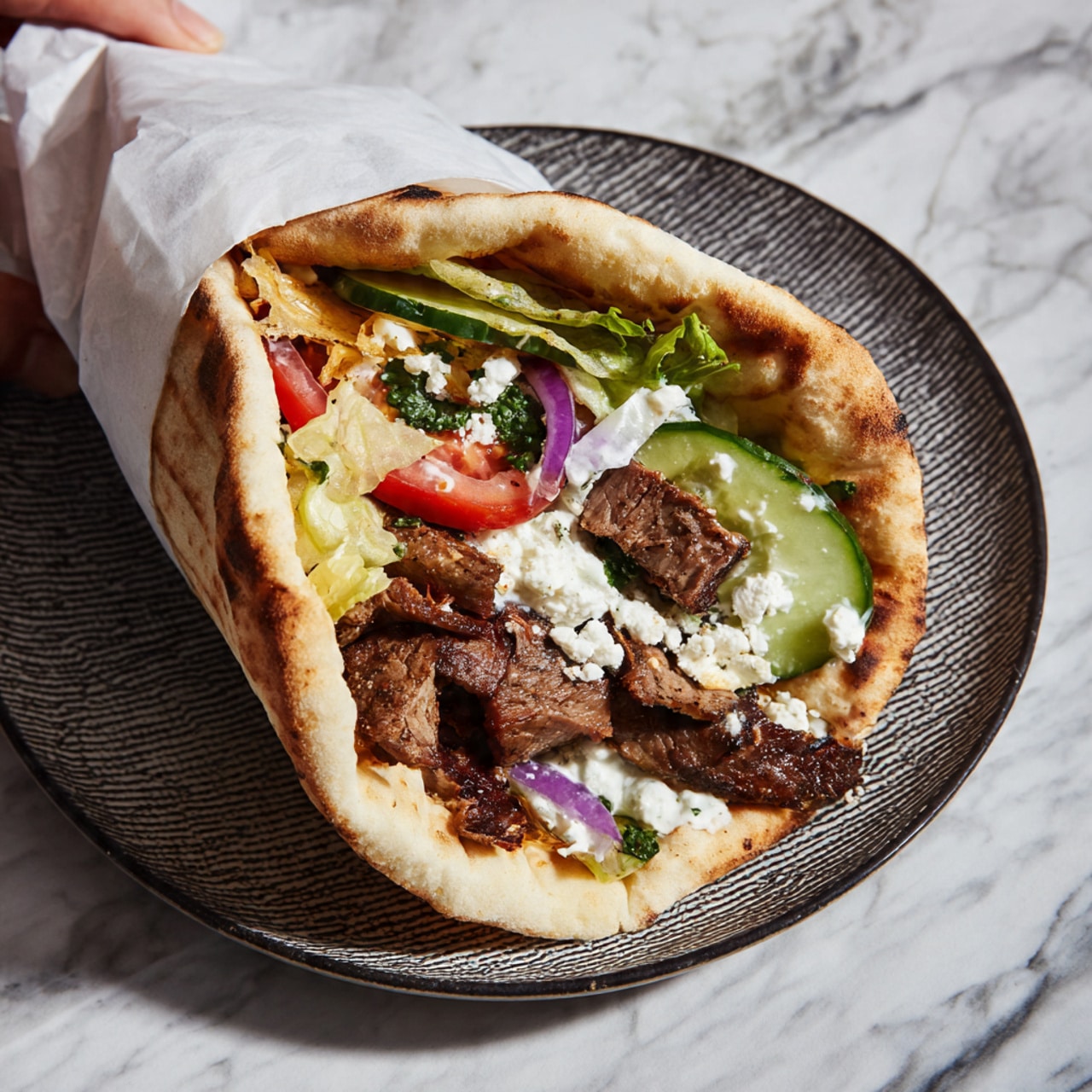 A wrapped pita sandwich is shown lying on a round white plate with a dark textured edge, placed on a white marbled surface. The pita bread is golden brown, soft and thick, folded around layers of food: dark brown grilled meat pieces, bright red tomato slices, green cucumber slices, pale green lettuce, and thin slices of purple onion. On top, there is a creamy white sauce with small green herb bits. Crumbled white cheese is sprinkled over the filling and some off to the plate side where there is more sauce. The sandwich is partly wrapped with white paper and held by a woman's hand out of view. Photo taken with an iphone --ar 4:5 --v 7