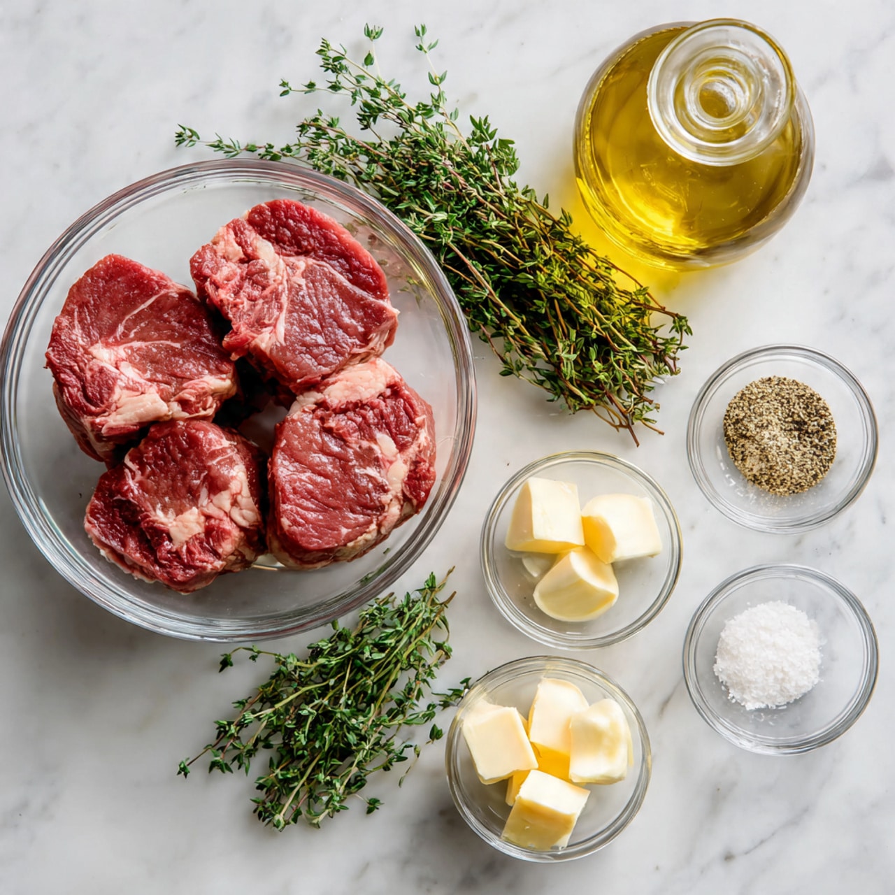 A clear glass bowl filled with three thick, raw red meat pieces with light fat marbling sits to the left on a white marbled surface. To the upper right of the bowl is a small bunch of fresh green thyme sprigs. On the right side, arranged in a neat cluster, are five small clear glass containers holding different ingredients: three peeled garlic cloves, two pale yellow butter squares, coarse white salt, and cracked black pepper. In the top right corner, there is a clear glass bottle filled with golden olive oil. photo taken with an iphone --ar 4:5 --v 7