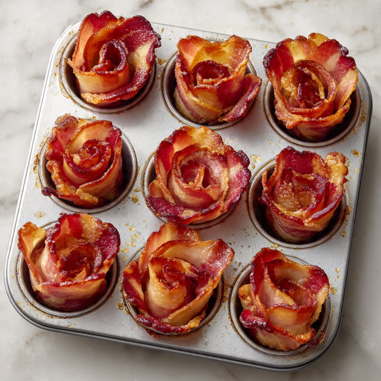 The image shows six bacon roses baked in a silver muffin pan. Each bacon rose is made by layering strips of cooked bacon in a circular pattern to form a flower shape, with the reddish-brown bacon edges curling up and slightly crisped. The bacon strips have a shiny texture and vary from deep red to golden brown. The muffin pan sits on a white marbled surface. photo taken with an iphone --ar 4:5 --v 7