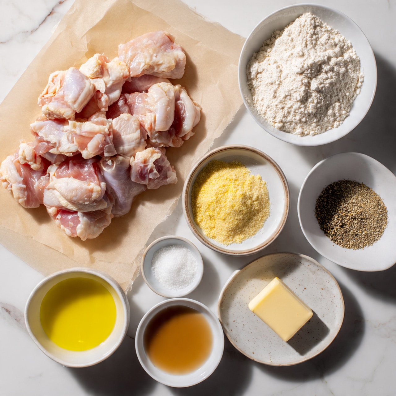 The image shows a single layer of raw chicken pieces spread out on parchment paper in the center of a white marbled surface. Surrounding the chicken, there are small white bowls containing different ingredients: a small bowl with crushed breadcrumbs in the top right, a small bowl of white flour below it, a tiny bowl with yellow grated garlic to the left, a bowl of light brown liquid sauce at the bottom center, and a round plate with coarse black pepper and yellow ground spice at the top center. Additionally, a small square piece of butter and a small dish with light golden olive oil are placed on the left side. The textures of the ingredients vary, with dry powders, a solid butter, and liquids, all arranged neatly around the raw chicken. The photo taken with an iphone --ar 4:5 --v 7