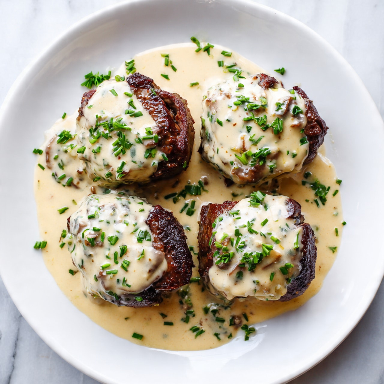 The image shows four pieces of cooked steak laid side by side on a white plate filled with creamy sauce. Each steak is topped with a thick layer of light beige sauce, speckled with green herbs, covering most of the top surface. The steak edges are dark brown and slightly crispy, contrasting with the sauce's smooth texture. Small chopped green herbs are sprinkled on top of the sauce and around the plate, adding a fresh look. The plate sits on a white marbled surface. photo taken with an iphone --ar 4:5 --v 7