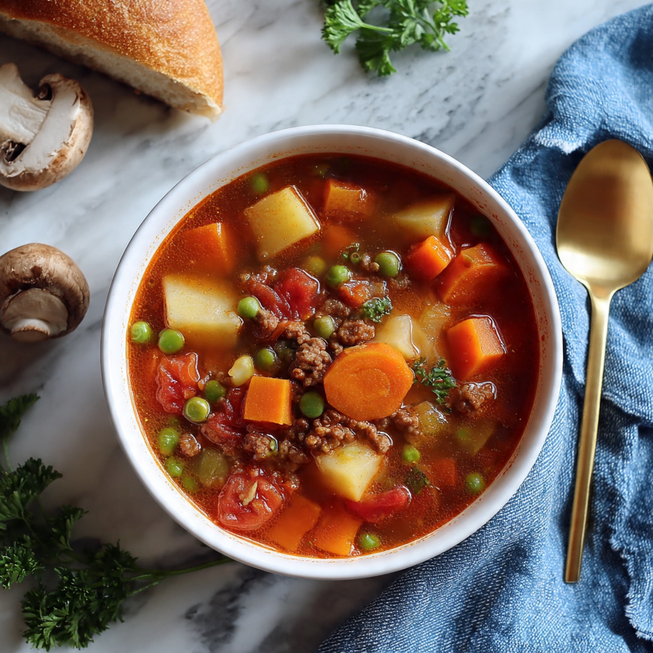 The image shows a white bowl filled with a colorful, chunky vegetable and meat soup with at least four visible layers including a clear broth base, small cubes of orange carrot and pale potato, whole green peas and beans, diced red tomatoes, and ground meat pieces throughout. The soup sits on a white marbled surface with a blue cloth napkin underneath the bowl, next to two gold spoons and a piece of crusty bread on the left. Fresh parsley and a whole mushroom are placed beside the bowl, adding a fresh touch. Photo taken with an iphone --ar 4:5 --v 7