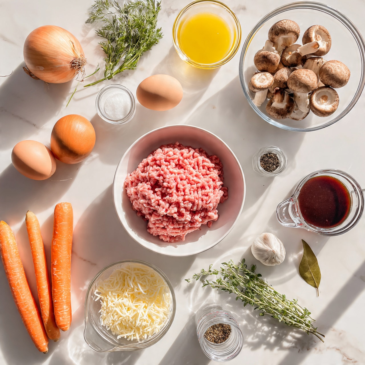 The image shows a collection of ingredients laid out neatly on a white marbled surface. In the center, there is a white bowl filled with pale pink minced meat, surrounded by fresh whole vegetables and seasoning. To the top right, a clear glass bowl holds whole brown mushrooms with a smooth texture. Below it, there are two small clear bowls containing finely grated cheese, one slightly fluffier than the other. To the left, two whole orange carrots, two brown eggs, a small onion, and a whole garlic bulb are placed closely together along with fresh green herbs. There are also two small clear bowls, one with a golden yellow liquid and another with a thick dark red sauce, and a larger clear measuring cup filled with a light yellow liquid. Small glass jars with coarse salt, black pepper, and dried bay leaves complete the array. The whole scene is bright and clean with soft shadows, photo taken with an iphone --ar 4:5 --v 7