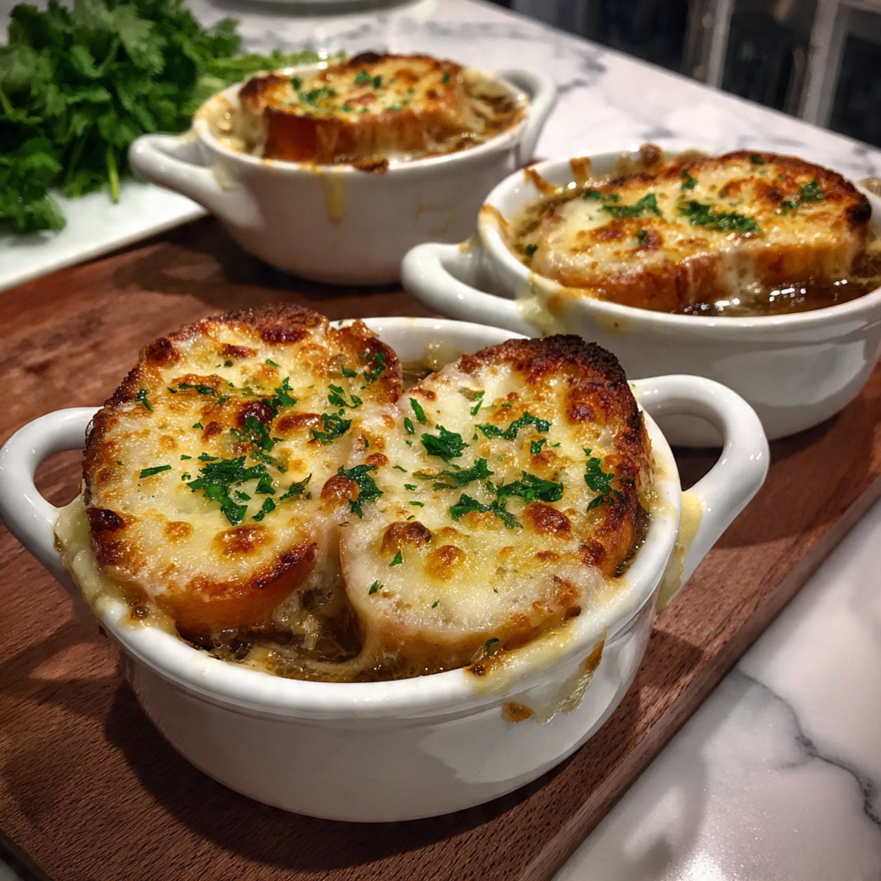 The image shows three white bowls filled with onion soup, each topped with three golden brown toasted bread slices covered with melted cheese. The bread slices are bubbly and slightly browned on top, sitting on a dark, rich soup. In the background, there is some fresh green herb garnish on a white marbled surface. photo taken with an iphone --ar 4:5 --v 7