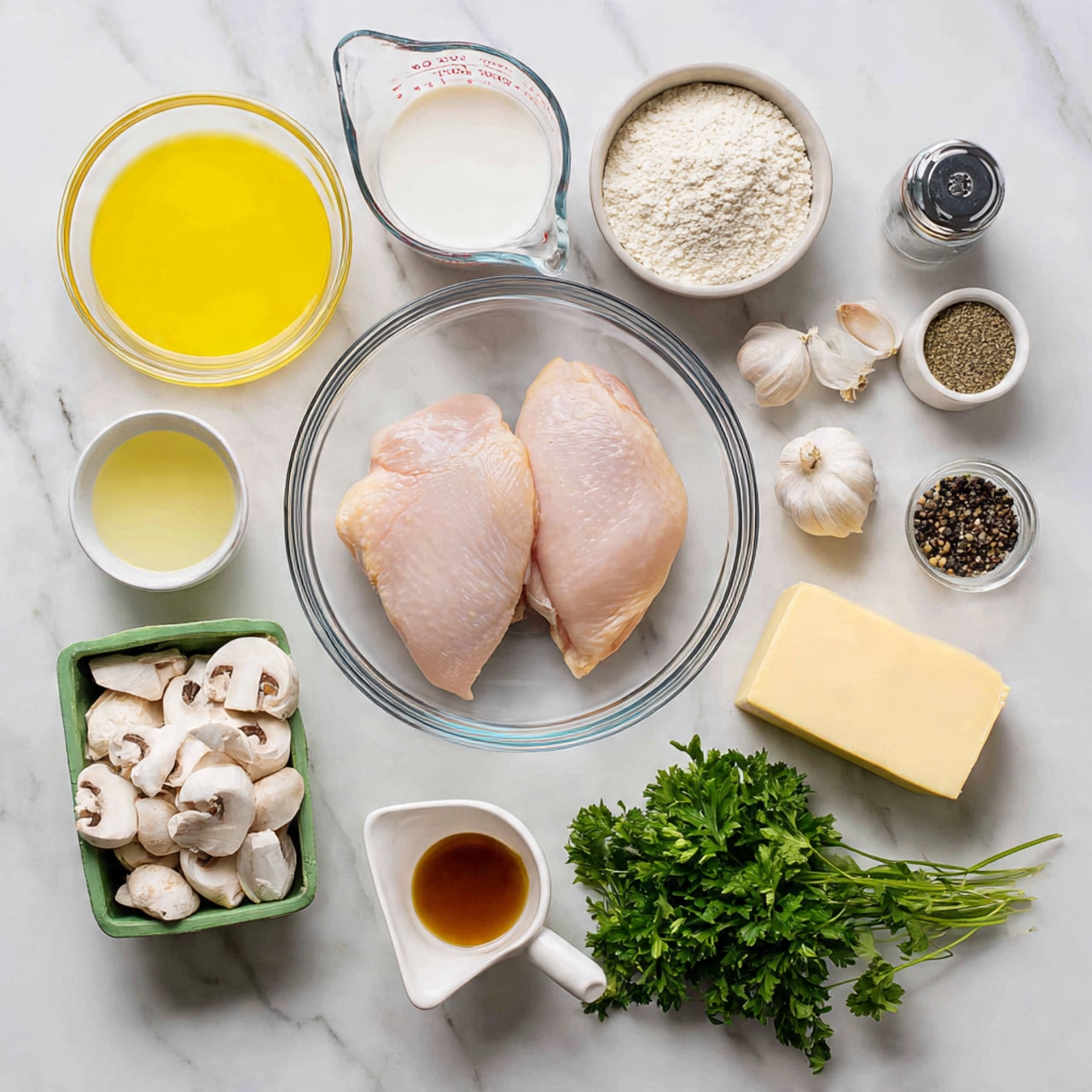 The image shows a white marbled surface with various ingredients neatly arranged for cooking. In the center is a clear glass bowl holding two pieces of raw, pale pink chicken. Above it is a small transparent measuring cup with milk, next to a white bowl filled with bright yellow oil. To the right, there is a small container of black pepper, a white jar of salt, a light beige cup of flour, a stick of butter, and a whole yellow onion. To the left of the chicken bowl is a green plastic container holding white sliced mushrooms. Below the mushrooms is a glass cup with a light yellow liquid, and to its side are three garlic cloves. At the bottom center is a small white measuring cup with a brown liquid inside. On the lower right side, there is a fresh green bunch of parsley. All items are evenly spaced on the white marbled texture. photo taken with an iphone --ar 4:5 --v 7