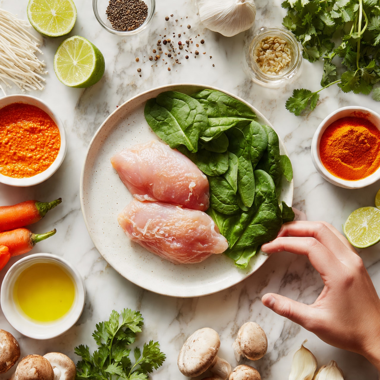 The image shows a white plate in the center with two raw, pink pieces of chicken placed flat, surrounded by fresh green spinach leaves layered above and to the side. Around the plate, there are small white bowls containing bright orange-red sauce with a smooth texture, pale yellow oil with dark seeds, and small white garlic cloves. Nearby, fresh lime halves with a vibrant green and yellow interior are placed on the white marbled surface. Bright orange carrots and red bell peppers lie close by, and fresh green cilantro is arranged loosely near coarse white salt and ground black pepper sprinkled on the surface. A few brown mushrooms and long, pale beige noodles add depth to the setup. A woman's hand is gently reaching toward the chicken. The photo taken with an iphone --ar 4:5 --v 7