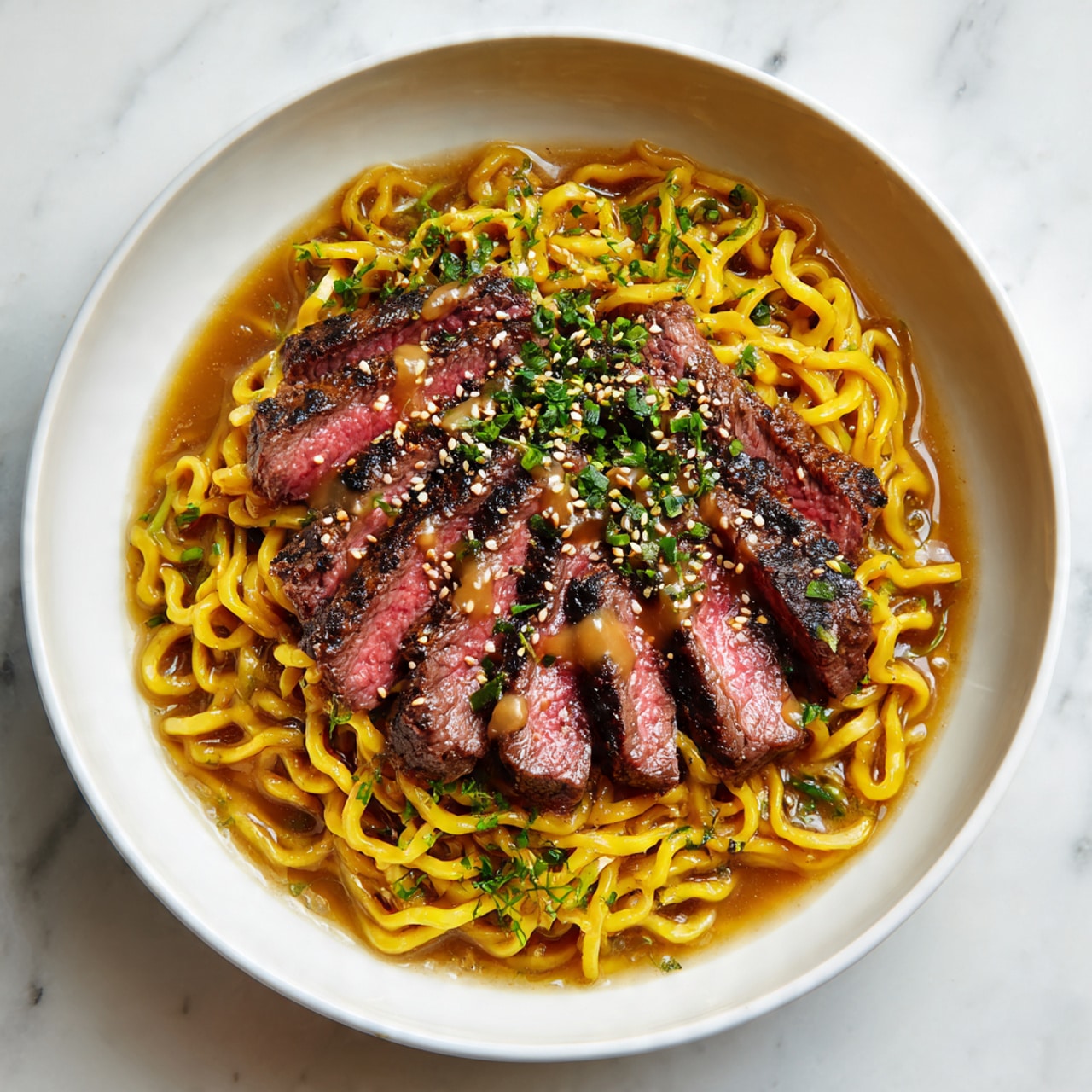 A white bowl filled with yellow noodles as the base layer, twisted and glossy with light sauce. On top, several slices of medium-rare steak with a pink center and dark, seared edges are arranged neatly in the middle. The steak slices are drizzled with a light brown sauce. The dish is sprinkled with chopped green herbs and sesame seeds, adding texture and color contrast. The overall look is warm and inviting, set against a white marbled background. photo taken with an iphone --ar 4:5 --v 7