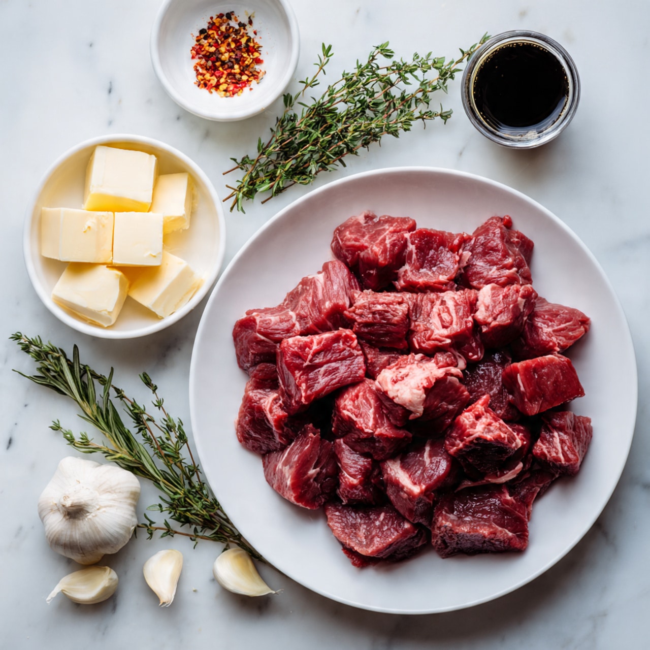 A white plate filled with many chunks of red beef sits in the lower center of the image on a white marbled surface. Above it, two small white bowls hold cream-colored cubes of butter and sprigs of fresh thyme and rosemary along with three peeled garlic cloves. A tiny white bowl with red pepper flakes and a small dark bottle of soy sauce are also on the surface around the bowls. The scene looks clean and ready for cooking preparation. Photo taken with an iphone --ar 4:5 --v 7
