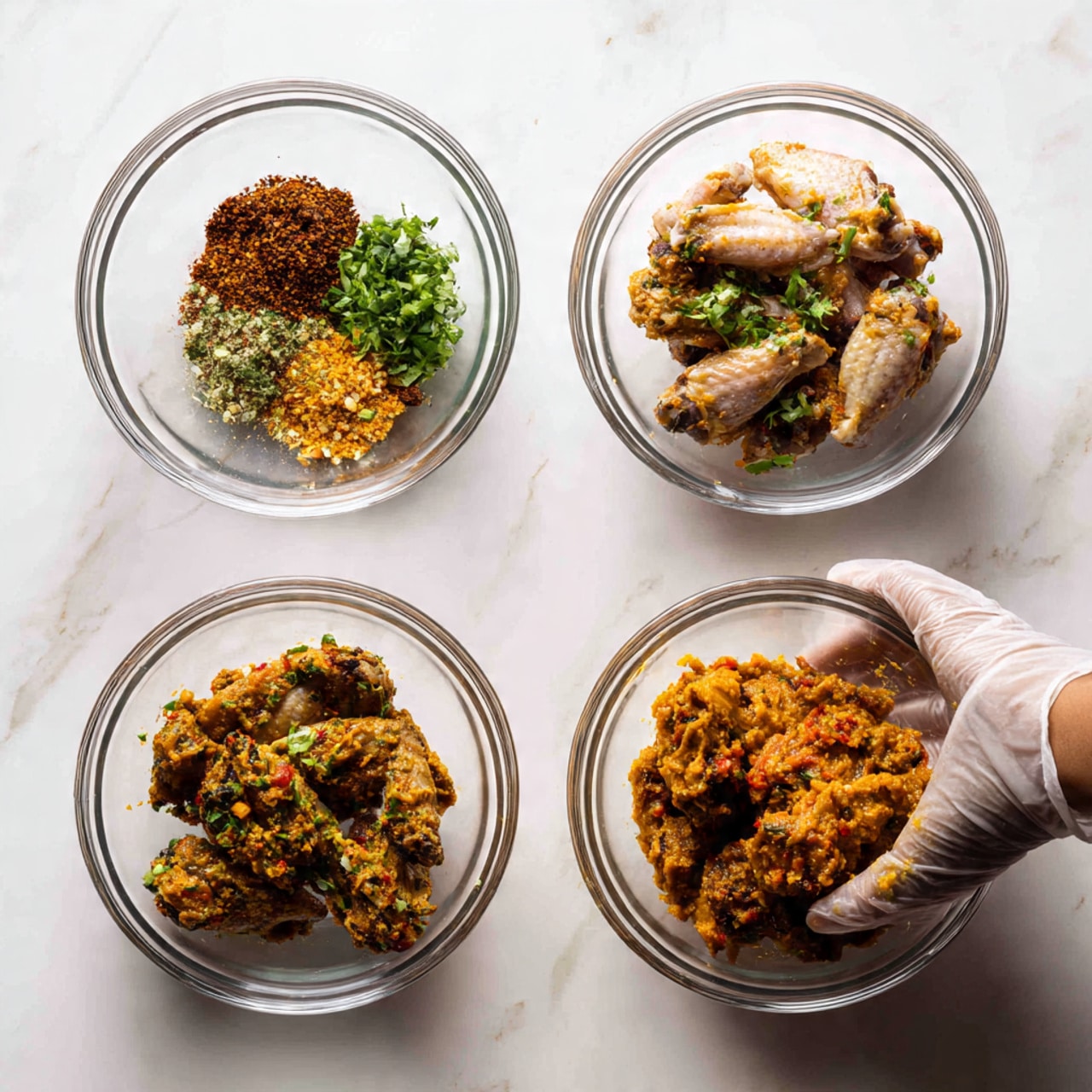 The image shows four small glass bowls arranged in a grid on a white marbled surface. The first bowl contains seven different colorful spices and chopped green herbs neatly separated, showing layers of brown, yellow, green, and orange. The second bowl has raw chicken wings being held by a woman's hand wearing a glove over the white marbled surface. The third bowl shows the chicken wings now coated with some spices, mixed by a woman's hand with glove. The fourth bowl fully covers the chicken wings in a thick orange-yellow spice paste, with the same woman's gloved hand partially visible spreading the mix. photo taken with an iphone --ar 4:5 --v 7