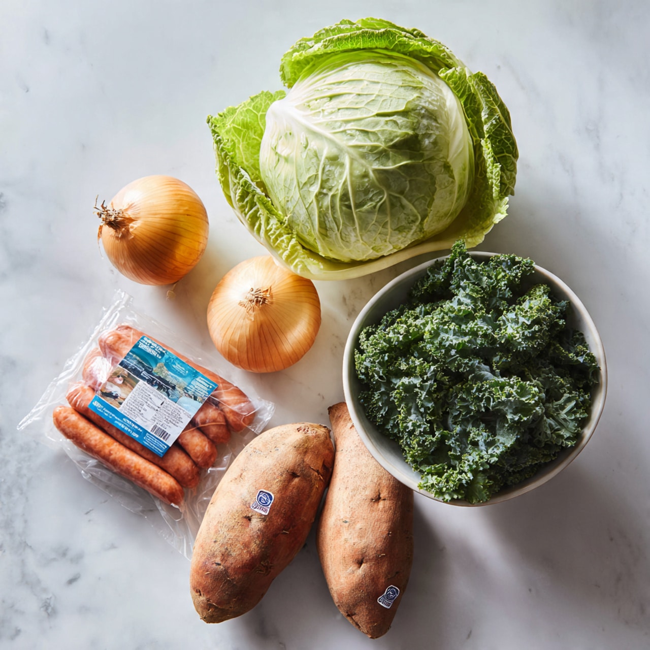 The image shows fresh ingredients arranged on a white marbled surface. There is a round green cabbage with a light green and pale outer leaves at the top left. Below the cabbage are two medium-sized, light brown onions with smooth skin. To the right of the onions, there is a white bowl filled with dark green kale leaves that look curly and fresh. Beside the bowl, there are two large sweet potatoes with light brown, rough skin and stickers on them. On the left side, there is a clear plastic package containing two uncooked, reddish-orange uncured sausages, with a blue and white label on it. The image is clear and bright with natural lighting, and all items are neatly placed with good spacing photo taken with an iphone --ar 4:5 --v 7