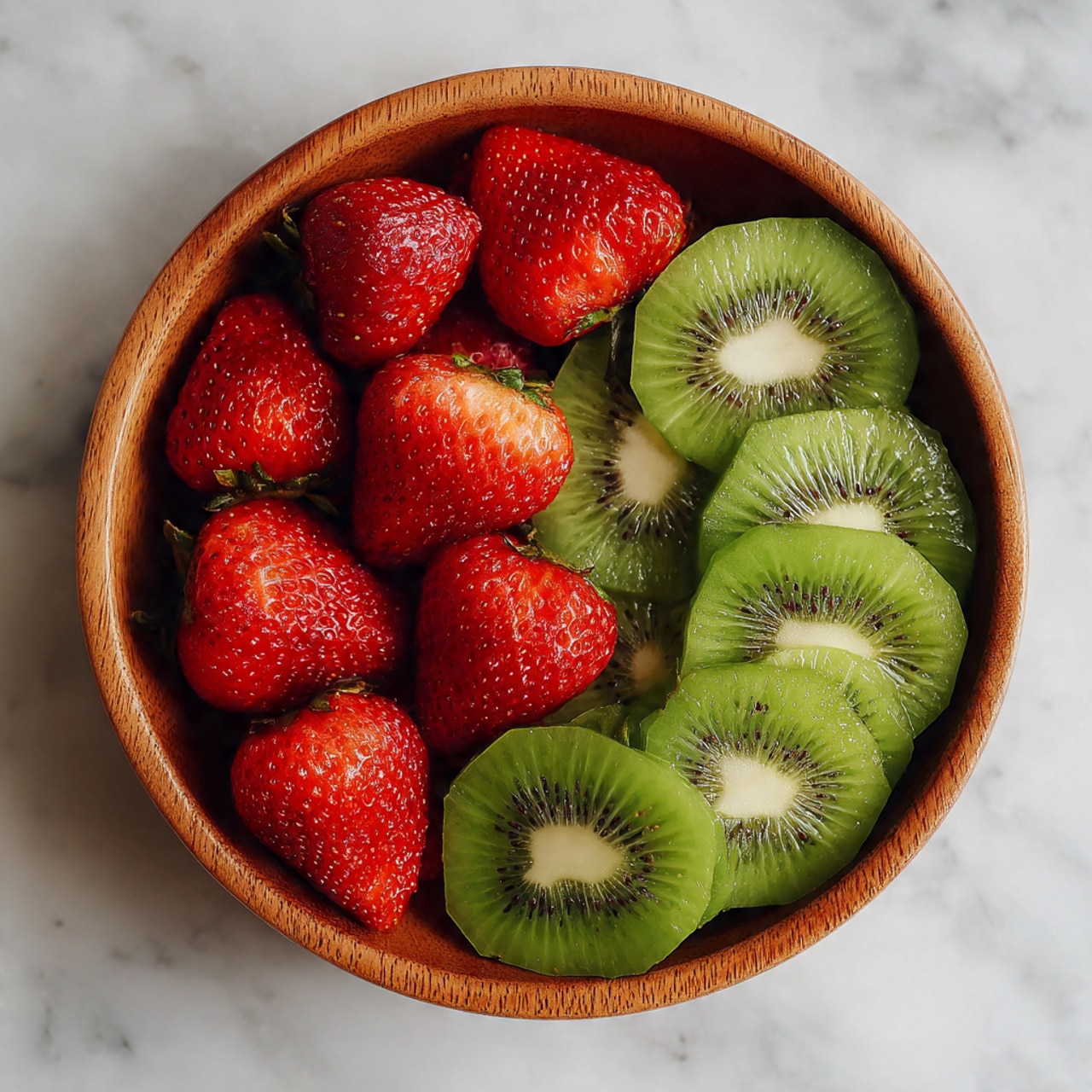 A round wooden bowl filled with two layers of fruit: on the left side, there are whole bright red strawberries with a slightly shiny surface, and on the right side, there are several thinly sliced green kiwi pieces with visible small black seeds and a light green center. The bowl is placed on a white marbled surface. Photo taken with an iphone --ar 4:5 --v 7