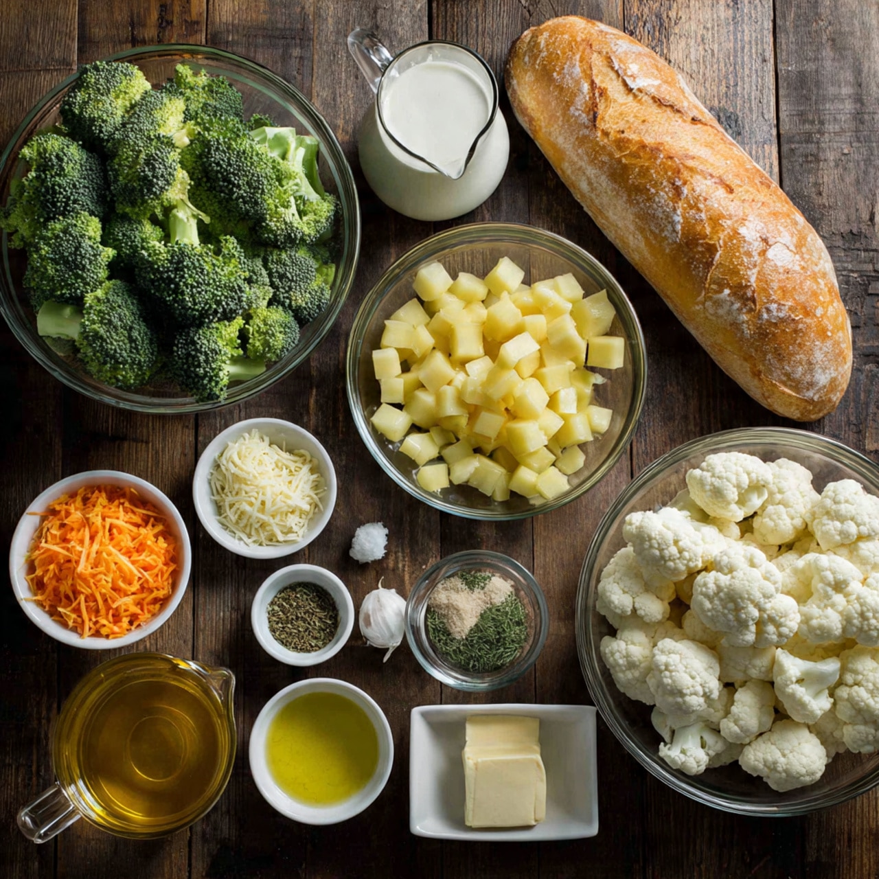 The image shows many ingredients neatly arranged on a dark wooden table with a white marbled texture underneath. There is a large clear glass bowl on the left full of fresh green broccoli florets and a large clear glass bowl on the right filled with white cauliflower pieces. In the middle, there is a medium white bowl filled with pale yellow cubed potatoes. Around these, several small white bowls hold finely diced onions, bright orange diced carrots, shredded cheese, grated Parmesan cheese, flour, dried herbs, minced garlic, salt, pepper, and mustard. A small glass jug of milk and a small white bowl with golden yellow olive oil, along with a small white dish of butter, add contrast. A clear measuring cup contains light brown broth, and a golden brown crusty loaf of bread is placed at the top right. photo taken with an iphone --ar 4:5 --v 7