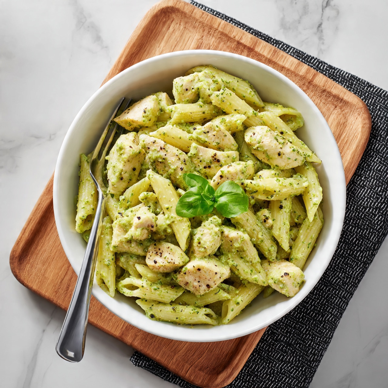 A white bowl filled with penne pasta and pieces of cooked chicken, all coated in a creamy green pesto sauce with small specks of black pepper visible on top. The pasta and chicken pieces are mixed closely together, with the light green sauce giving a smooth, slightly chunky texture. A small sprig of fresh green basil sits on top in the center as a garnish. A silver fork rests inside the bowl on the left side, slightly under some pasta. The bowl is placed on a wooden board with a black and white textured cloth on the top right corner. The background is a white marbled texture. photo taken with an iphone --ar 4:5 --v 7