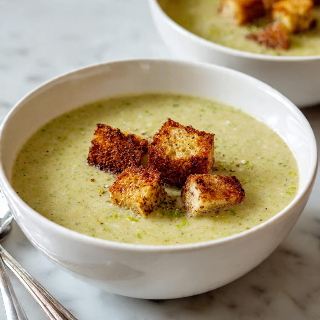 Creamy Broccoli Soup with Garlic Croutons Recipe