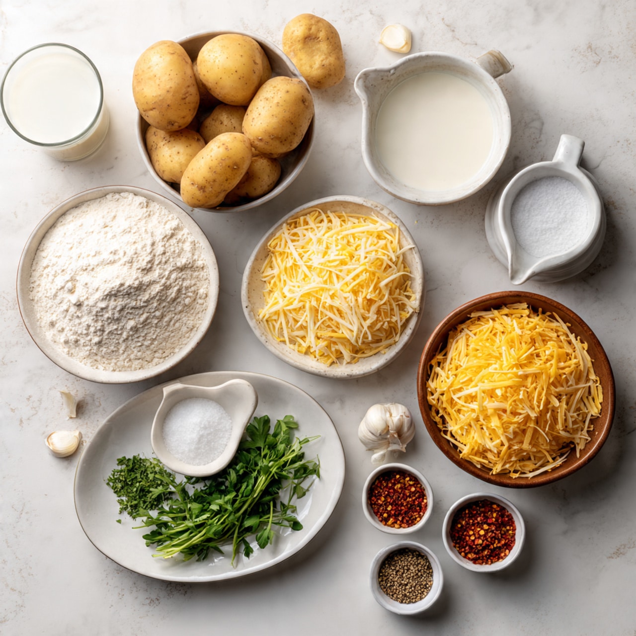 The image shows a wooden table with several white bowls and plates arranged carefully across the surface. There are small whole potatoes in one bowl, a glass of milk and a small white pitcher with cream nearby. A few cloves of garlic are in a small bowl, next to a bowl of shredded yellow cheese and another bowl of grated white cheese. There is a bigger bowl filled with flour, a small white dish with a salt sprinkle, and a white oval plate with fresh green herbs lying on it. Tiny piles of red pepper flakes and peppercorns are placed in separate white containers. The white marbled textured background contrasts softly with the natural colors of the ingredients. Photo taken with an iphone --ar 4:5 --v 7