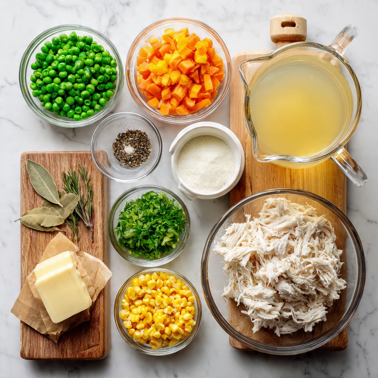 The image shows several clear glass bowls and a small wooden cutting board arranged on a white marbled surface. From top left moving clockwise, the first bowl contains a mix of frozen peas and diced carrots in green and orange colors, followed by a small bowl of black pepper, a large clear glass pitcher filled with light yellow broth, a small bowl with chopped green celery, another small glass pitcher with white cream, and a small bowl filled with white flour. Below these is a small bowl of minced garlic in golden yellow, a larger bowl filled with shredded cooked chicken in off-white tones, a small bowl of yellow corn kernels, and a small bowl with diced white onions. The wooden cutting board near the bottom left holds a stick of butter wrapped in paper, a dried bay leaf, and a small pile of dried herbs. Photo taken with an iphone --ar 4:5 --v 7
