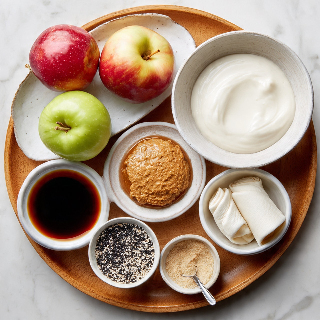The image shows a wooden tray holding several white bowls and a white plate on a white marbled surface. The white plate in the top left corner has two apples, one red and one green, side by side with shiny smooth skin. To the right of the plate is a white bowl filled with a white liquid, smooth and creamy in texture. Below this bowl is a small white bowl with dark soy sauce, glossy and thick. Below the apples, there is a small white bowl of light brown powder, fine in texture. Centered on the tray is a round peanut butter cookie with a rough crumbly texture next to a small metal spoon with some peanut butter on it. In the lower left corner is a white bowl filled with black and white small seeds mixed together. Finally, a white dish on the right bottom corner holds two rolled white tortillas with a slight soft texture. The whole view is top down, well lit, and clear. Photo taken with an iphone --ar 4:5 --v 7